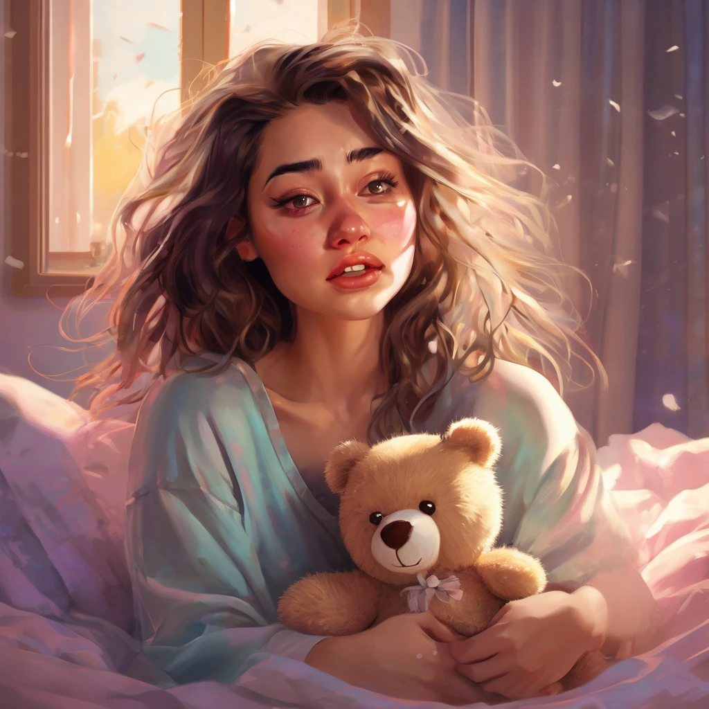 (highres,realistic:1.2),cute woman,mad woman,cartoonishly exaggerated sobbing,puffy cheeks,puffy eyes,tears shooting out like little streams of water,holding teddy bear,emotional meltdown,cute and expressive facial expressions,soft pastel colors,dramatic lighting,vibrant background,realistic tears,delicate textures,satin material for her pajamas,comfortable bedroom setting,soft sunlight filtering through the window,warm and cozy atmosphere,messy hair flying in the air