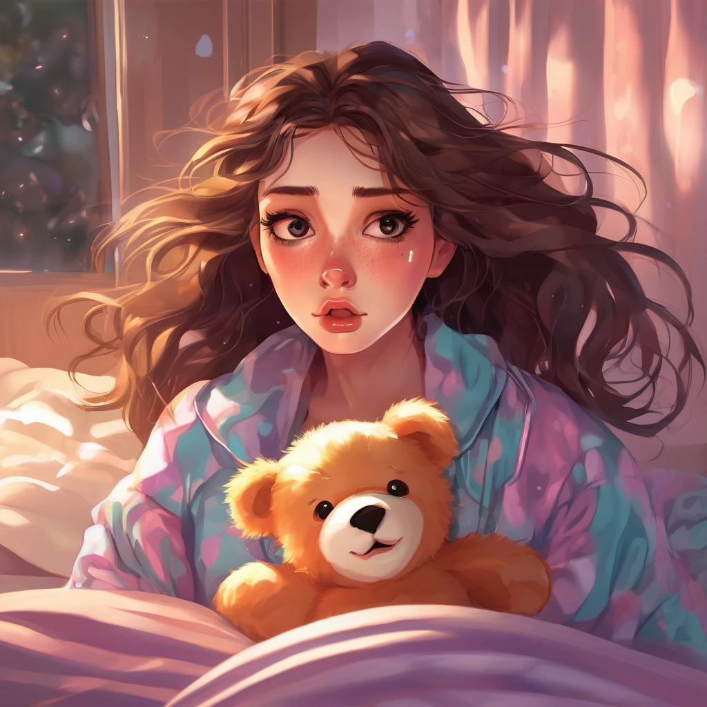 (highres,realistic:1.2),cute woman,mad woman,cartoonishly exaggerated sobbing,puffy cheeks,puffy eyes,tears shooting out like little streams of water,holding teddy bear,emotional meltdown,cute and expressive facial expressions,soft pastel colors,dramatic lighting,vibrant background,realistic tears,delicate textures,satin material for her pajamas,comfortable bedroom setting,soft sunlight filtering through the window,warm and cozy atmosphere,messy hair flying in the air