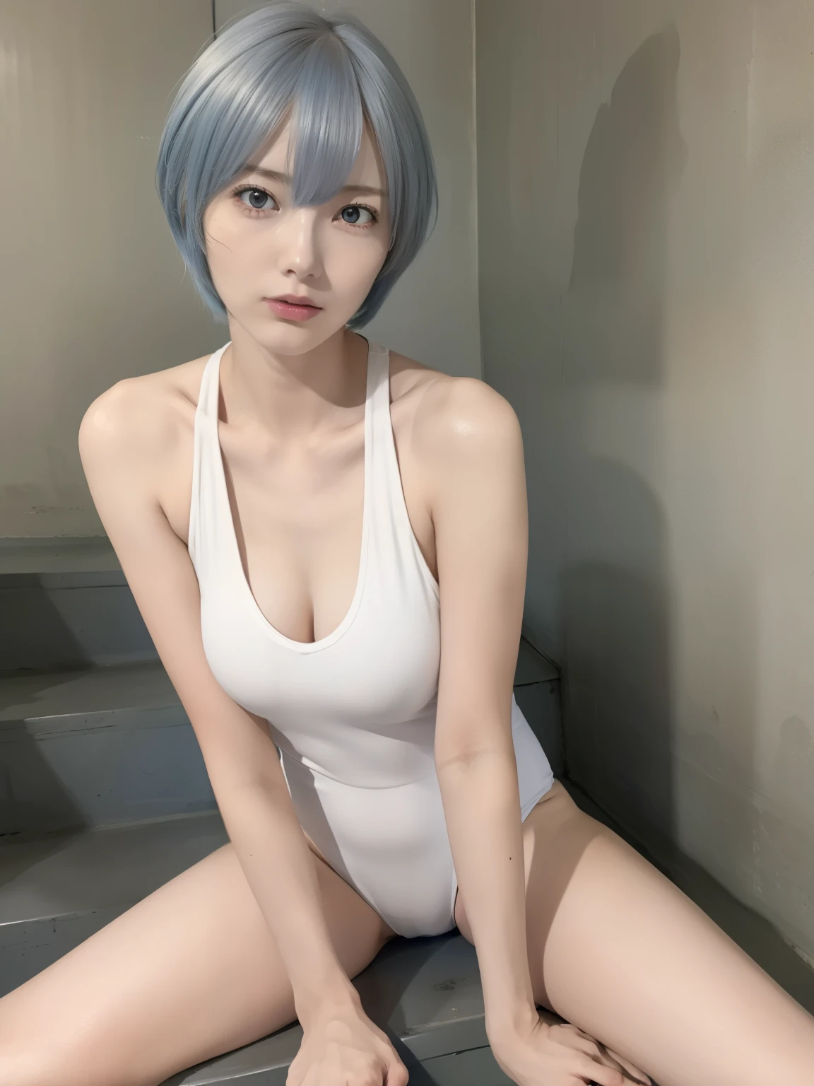 reiayanami, Rei Ayanami, blue hair, short hair, (red eyes:1.5),Smaller head、 ((she is wearing a middle , Sleek and fit to the body, With subtle blue accents)),bite into,  Sitting on the stairs of an abandoned concrete building in the middle of the night、 BREAK is looking at viewer, BREAK is (muste piece:1.2), dark lighting、best quality, high resolution, unity 8k wallpaper, (illustration:0.8), (beautiful detailed eyes:1.6), highly detailed face, perfect writing, Highly detailed CG, (perfect hands, perfect anatomy),((spread your legs:1.3))((white panties)),An angle where the viewer looks up from far down the stairs.、