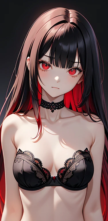 (8K、highest quality、masterpiece:1.2)、anime coloring、super resolution、Realistic、(1girl)  、(black hair to red hair gradient hair,long straight hair:1.5)、(contrapposto),(red eye,glowing eyes:1.3),(forehead:1.2),(face focus,upper body:1.5),(strapless black lace bra:1.5,black panties :1.3)、(embarrassed:1.3),(cute face)、,(flat chest:1.2),gradient background、(slender:1.3)、