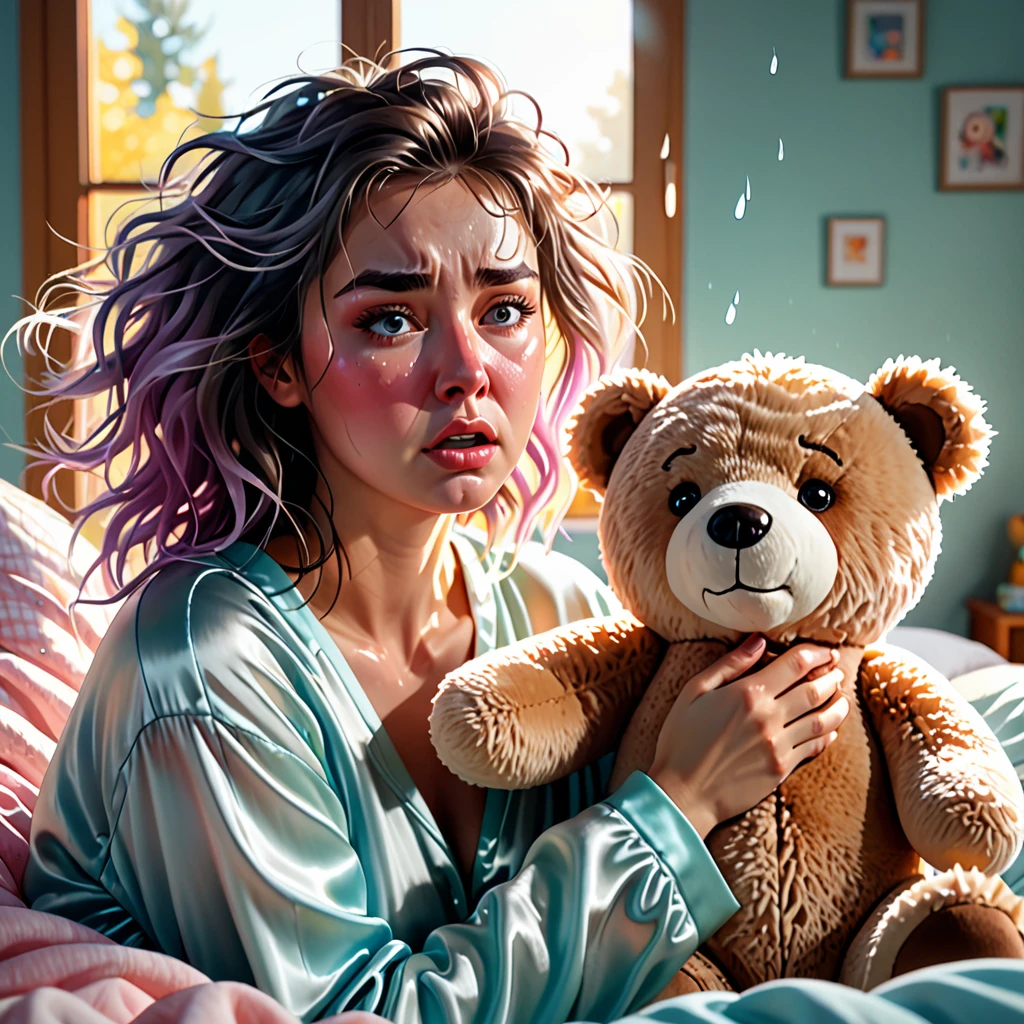 (highres,realistic:1.2),cute woman,mad woman,cartoonishly exaggerated sobbing,puffy cheeks,puffy eyes,tears shooting out like little streams of water,holding teddy bear,emotional meltdown,cute and expressive facial expressions,soft pastel colors,dramatic lighting,vibrant background,realistic tears,delicate textures,satin material for her pajamas,comfortable bedroom setting,soft sunlight filtering through the window,warm and cozy atmosphere,messy hair flying in the air