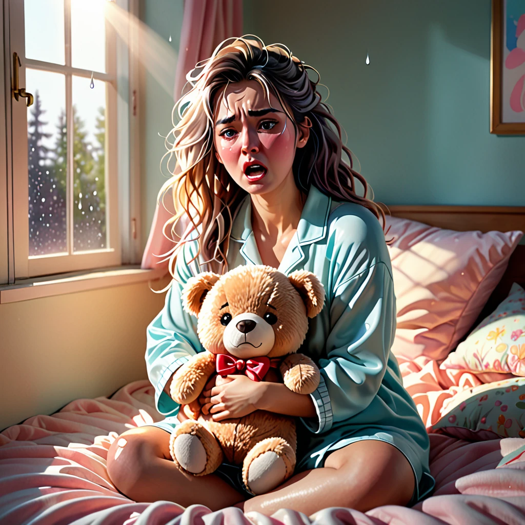 (highres,realistic:1.2),cute woman,mad woman,cartoonishly exaggerated sobbing,puffy cheeks,puffy eyes,tears shooting out like little streams of water,holding teddy bear,emotional meltdown,cute and expressive facial expressions,soft pastel colors,dramatic lighting,vibrant background,realistic tears,delicate textures,satin material for her pajamas,comfortable bedroom setting,soft sunlight filtering through the window,warm and cozy atmosphere,messy hair flying in the air