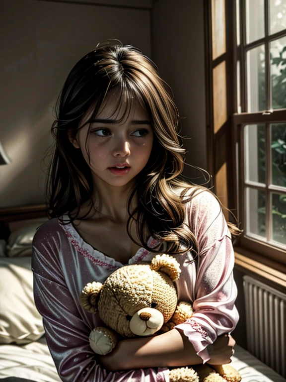 (highres,realistic:1.2),cute woman,mad woman,cartoonishly exaggerated sobbing,puffy cheeks,puffy eyes,tears shooting out like little streams of water,holding teddy bear,emotional meltdown,cute and expressive facial expressions,soft pastel colors,dramatic lighting,vibrant background,realistic tears,delicate textures,satin material for her pajamas,comfortable bedroom setting,soft sunlight filtering through the window,warm and cozy atmosphere,messy hair flying in the air