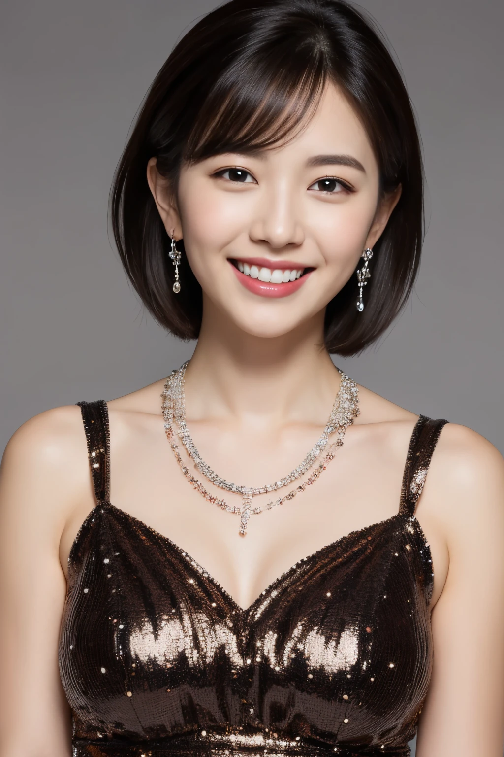 highest quality, masterpiece, ultra high resolution, (realistic:1.4),very detailed,professional lighting smile,black hair、toothy smile、black hair、ear piercing、necklace around neck、hairstyle short cut