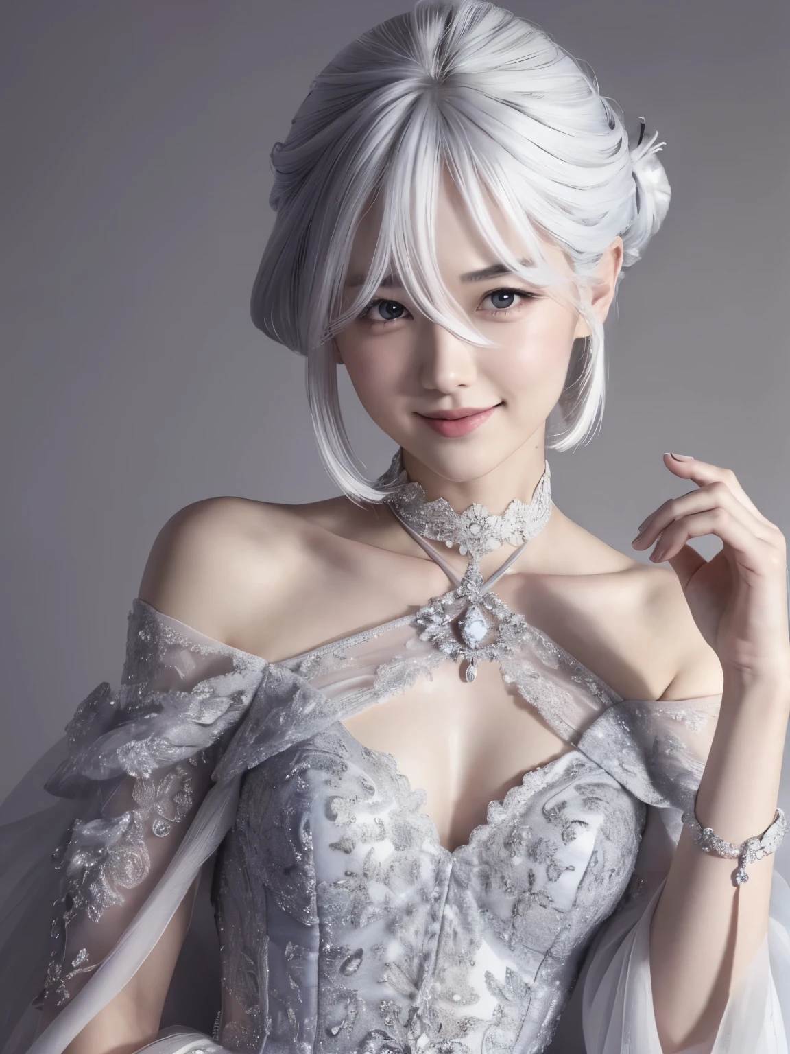 (beautiful japanese girl), beautiful and fine eyes, perfection , perfection, roll your eyes, detailed face, fine eyes, excellent quality, masterpiece, very detailed, Advanced level of detail, many details, high quality, cinematic light, real hands, (super realistic:1.3), high school student , 幸せそうなsmile、smile, miorine rembran, ahoge, (white hair:1.25), hair between eyes,hair bun, dressmiorine, detached collar, halterneck, criss-cross halter, blue dress, braless, tiara, off-shoulder dress,
