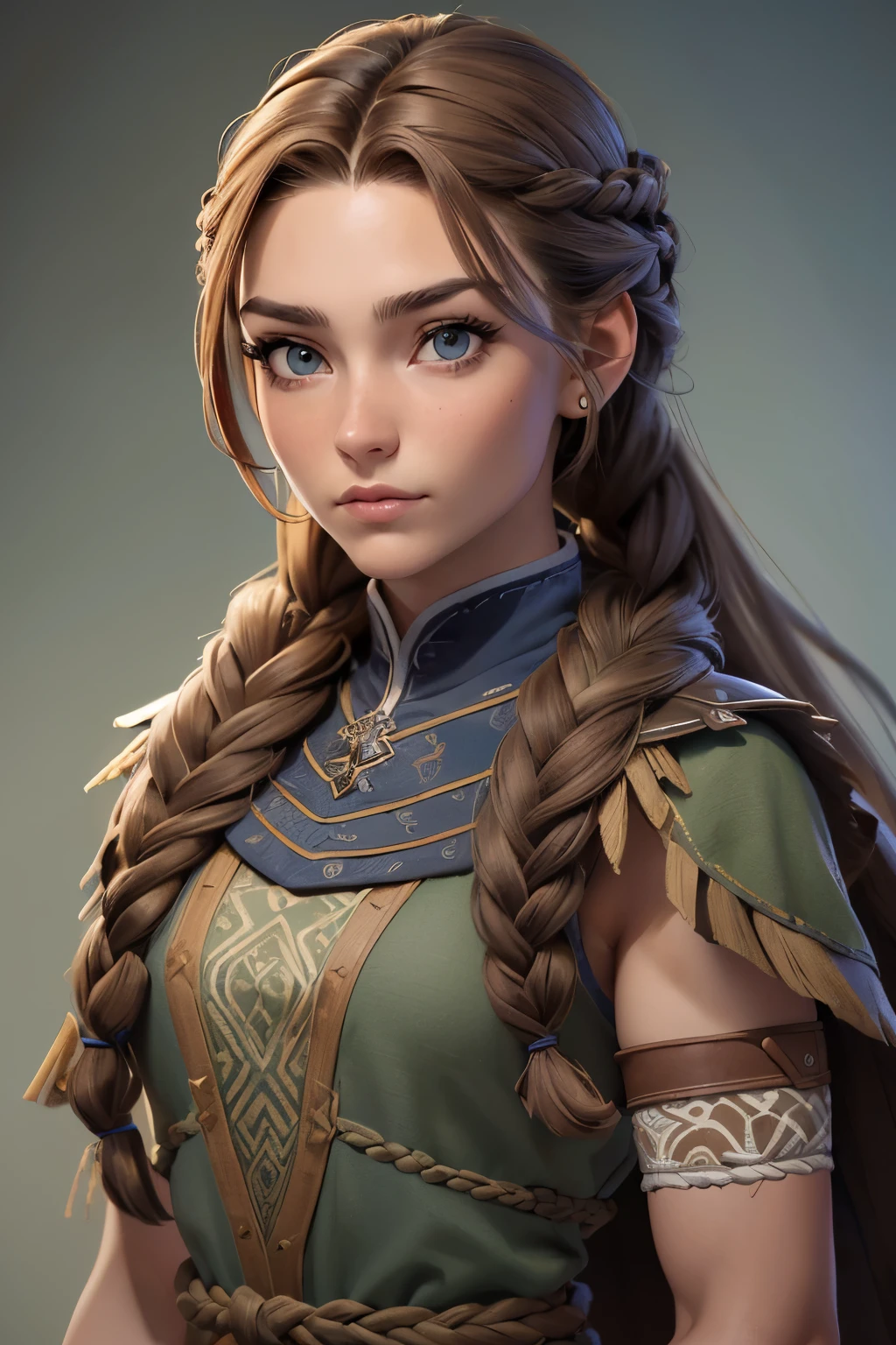 (Obra maestra, La mejor calidad) (young warrior woman of nordic descent), (ojos verdes), (Muscular), (falda de piel), (brown hair color),(loose hair with small braids on the scalp), (top con correa de cuero) plumas, capa sobre el hombro, bufas, (azul, gray and brown suit).