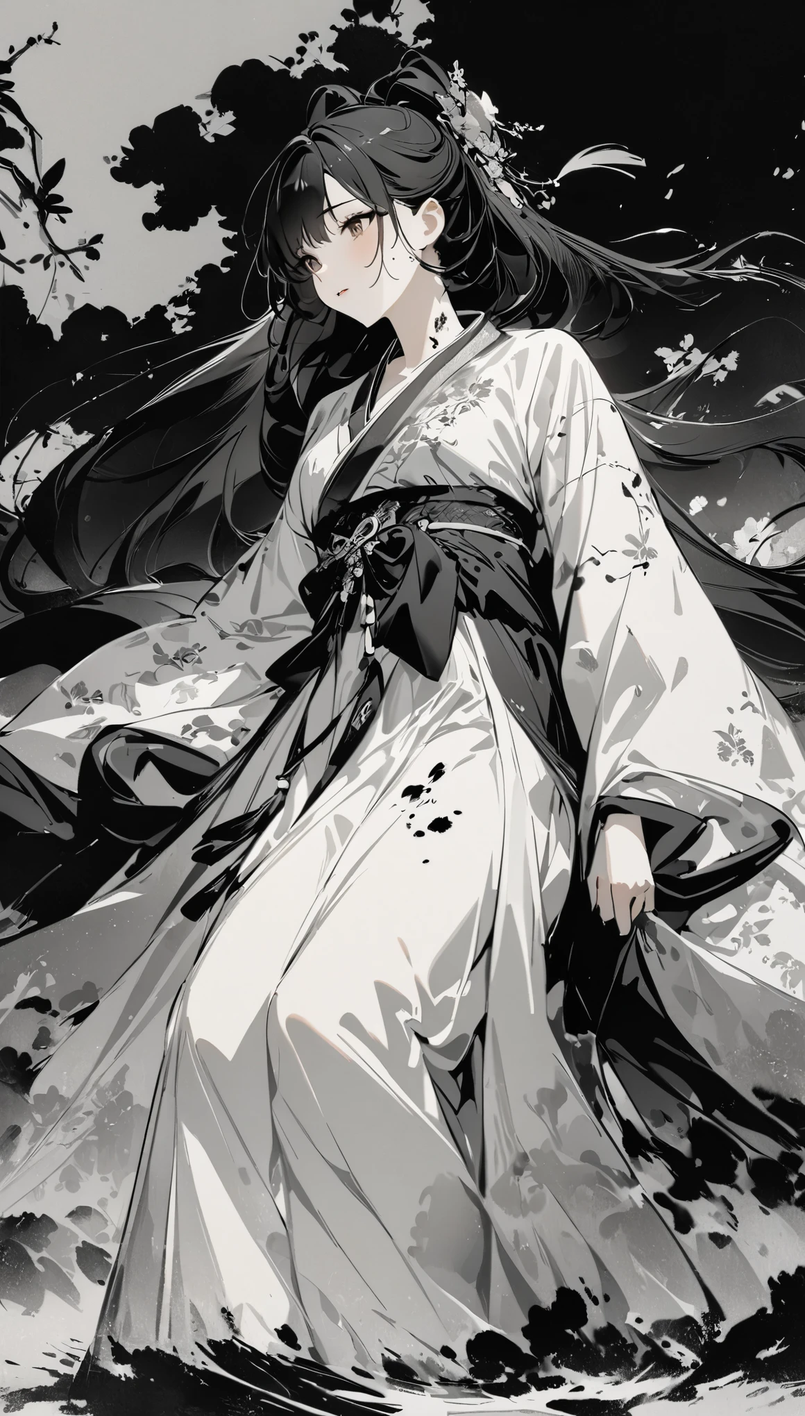 中国ink画，ink，smudge，Beauty in Hanfu，Fairy spirit fluttering，Black and White，black and white art，8k，Super fine，Rich details，masterpiece