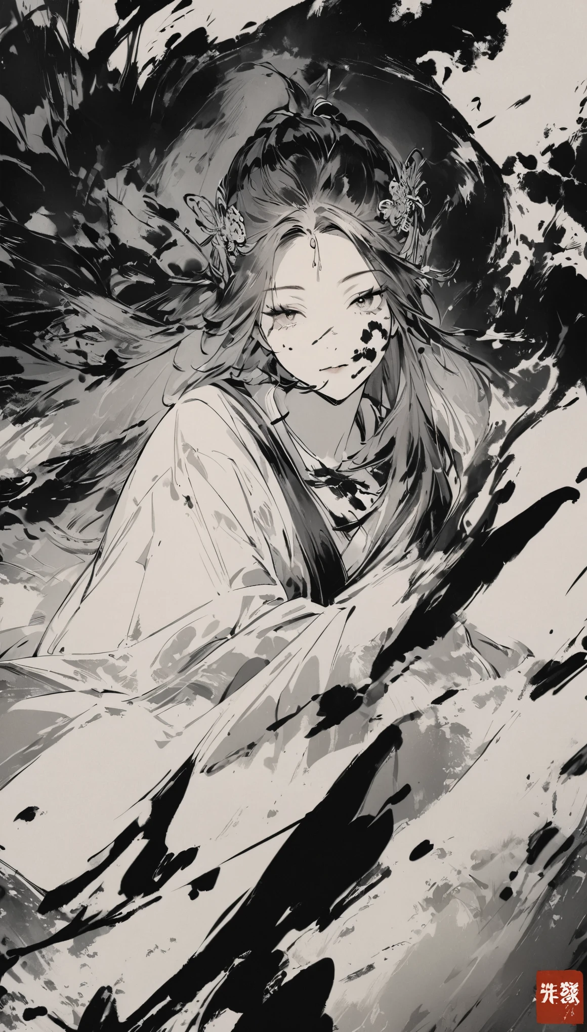 中国ink画，ink，smudge，Beauty in Hanfu，Fairy spirit fluttering，Black and White，black and white art，8k，Super fine，Rich details，masterpiece