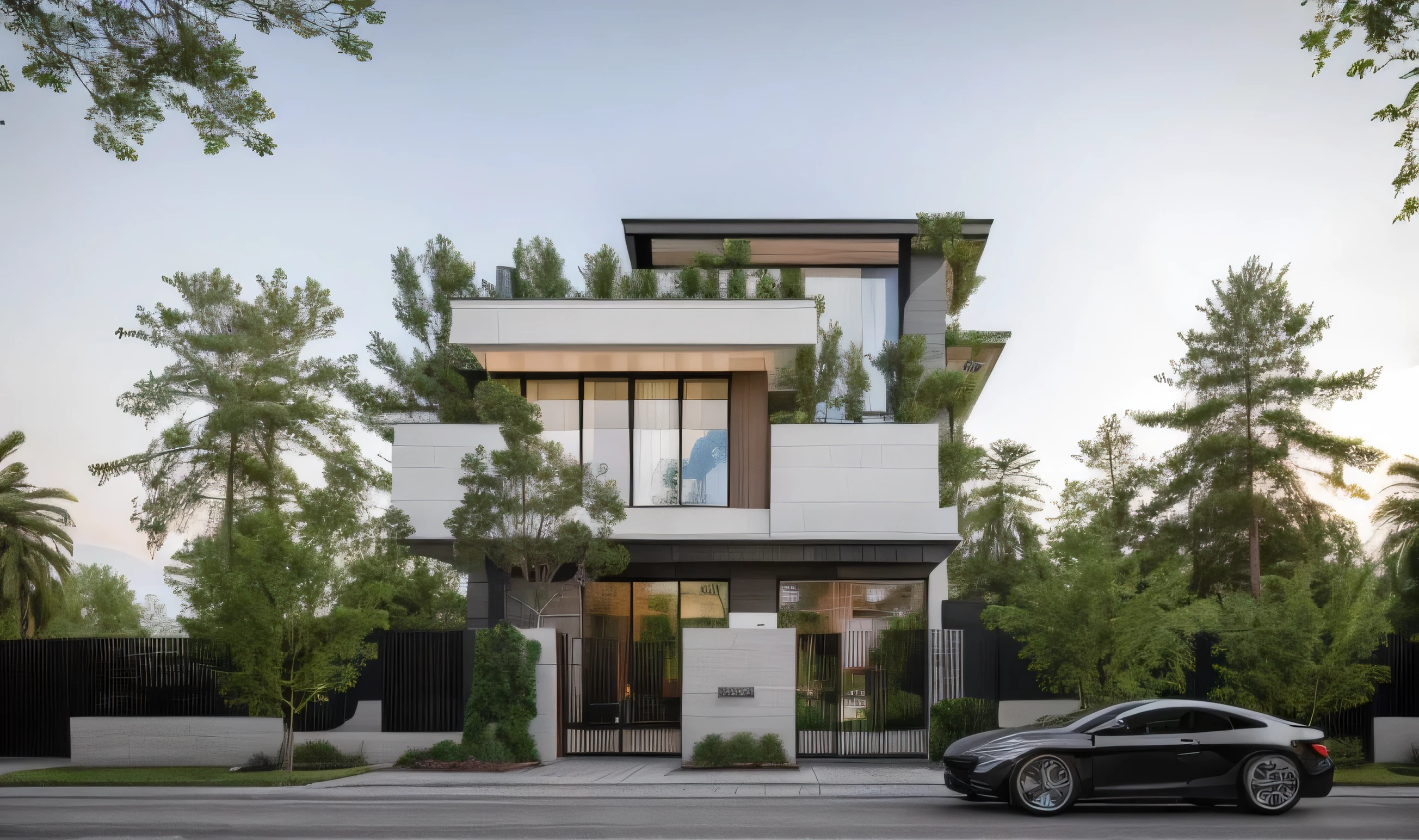 rendering of a modern house with a car parked in front of it, concept house, inter dimensional villa, urban house, frontview, wit studio, wide angle exterior 2022, mid-view, exterior design, modern lush condo as shopfront, contemporary house, realistic concept, architectural render, conceptual, detailed wide shot, all white render, mixed development