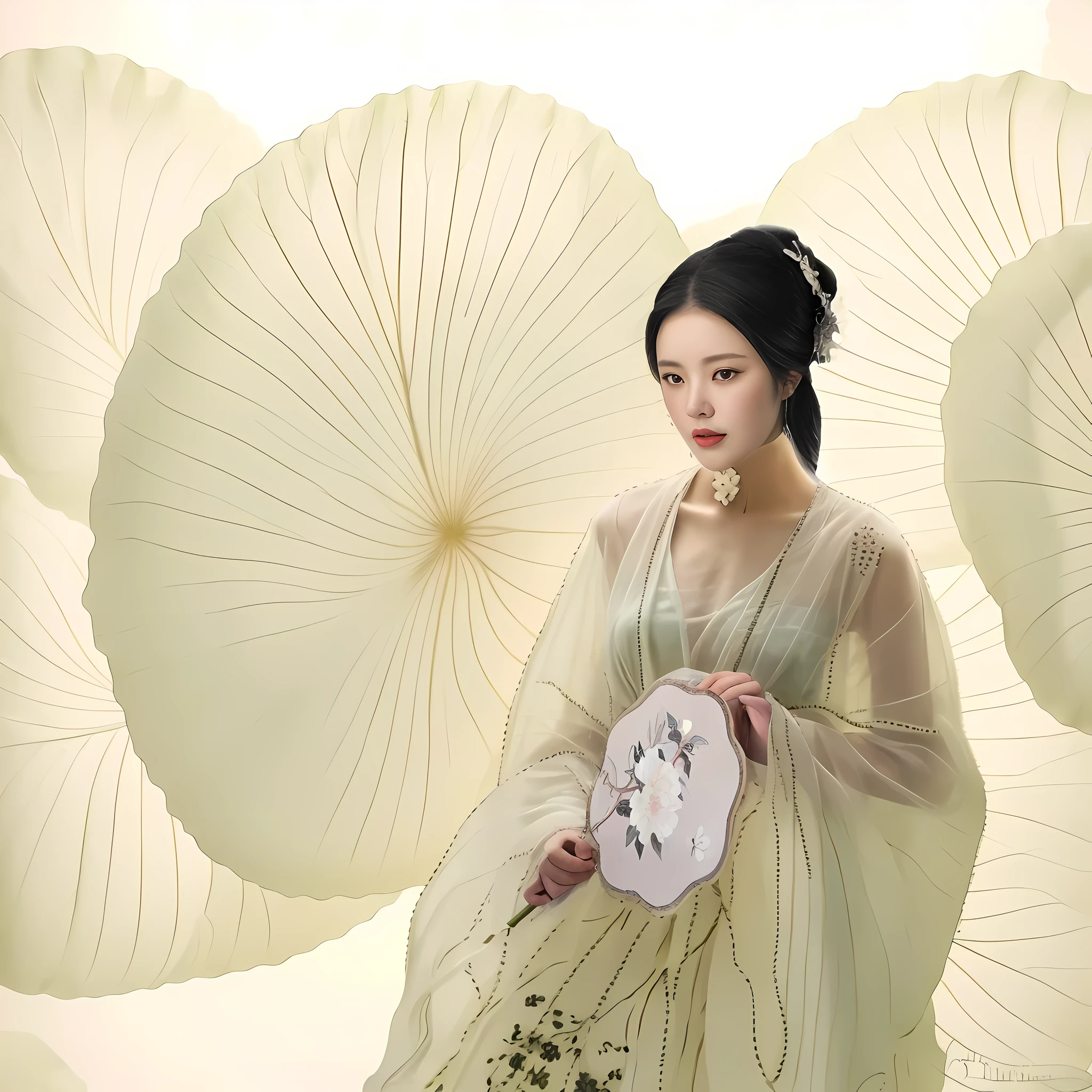 有一个穿着white dress的女人拿着扇子, palace ， girl wearing hanfu, Inspired by Tang Yifen, Inspired by Qiu Ying, white hanfu, Inspired by Tang Yin, Beautiful renderings of the Tang Dynasty, ancient chinese princess, Inspired by Xie Sun, Inspired by Yoon Doo Ri, Inspired by Zhang Yan, Inspired by Zhang Yin, chinese princess，Chinese girl，巨大lotus leaf，lotus塘，lotus leaf，lotus，white dress，looking at the audience， white dress，black hair，OK，sitting，单OK，foliage，long sleeve，red lips，actual