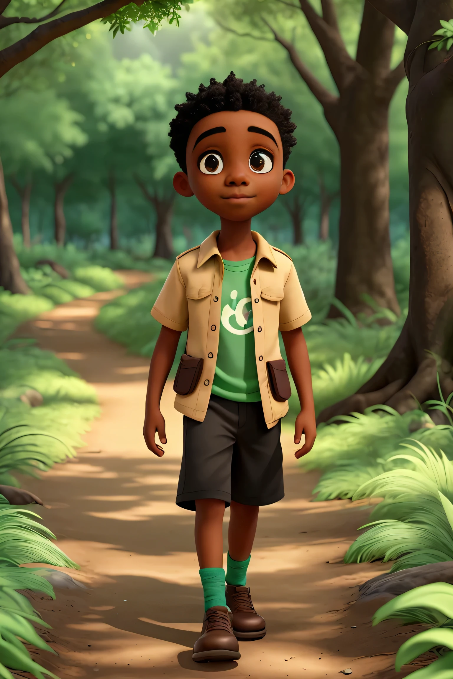 best quality, 4k, realistic, african american boy, walking through forest, sunlight filtering through trees, tranquil atmosphere, lush greenery, gentle breeze, sunlight dappled on the ground