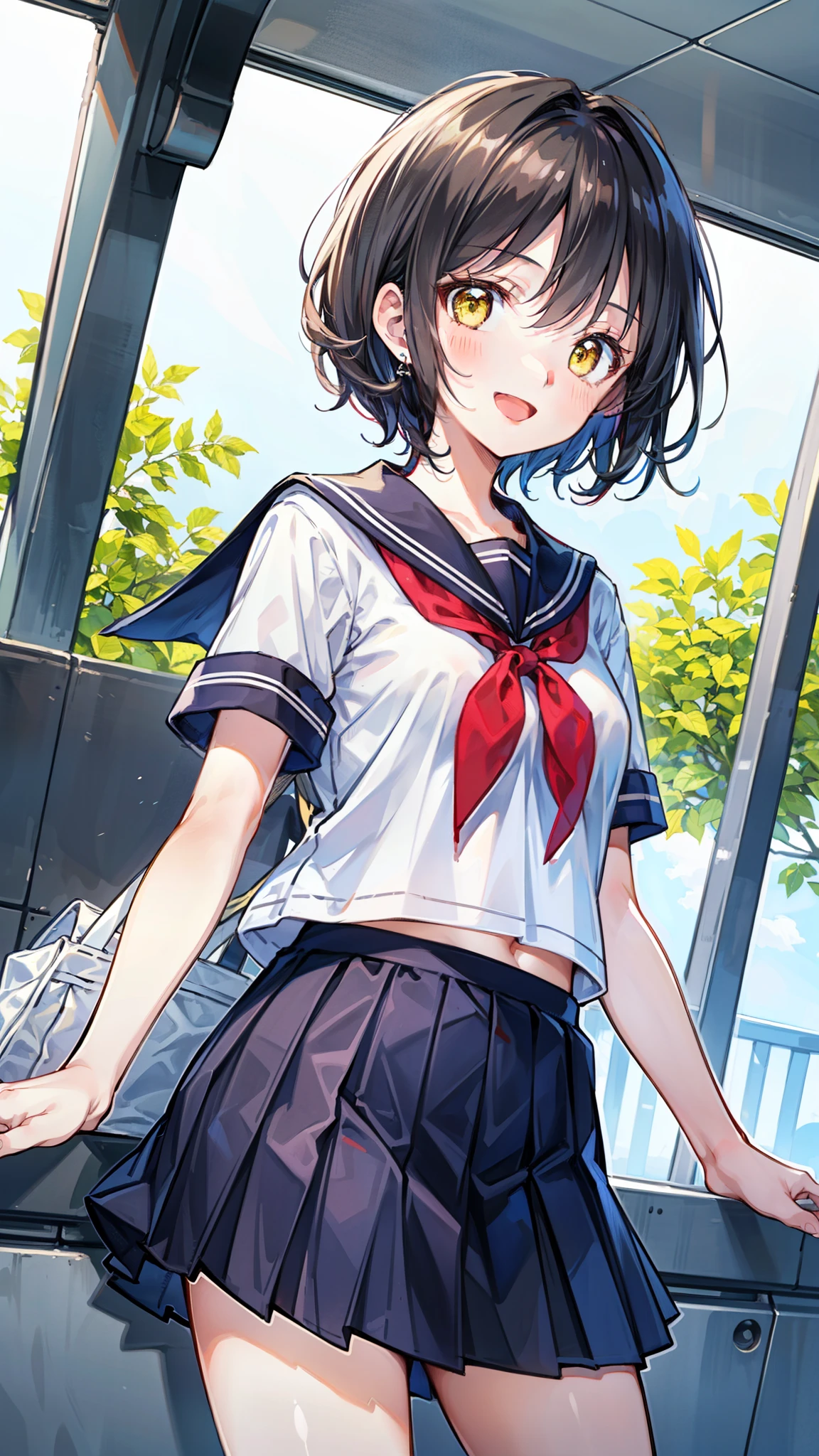 (masterpiece, highest quality, high resolution), 1 girl, black hair, short hair, yellow eyes, dark blue , detailed sailor uniform, red ribbon, short sleeve, pleated skirt, 16 years old ,smile, thinly opened mouth, up close, proximity, 