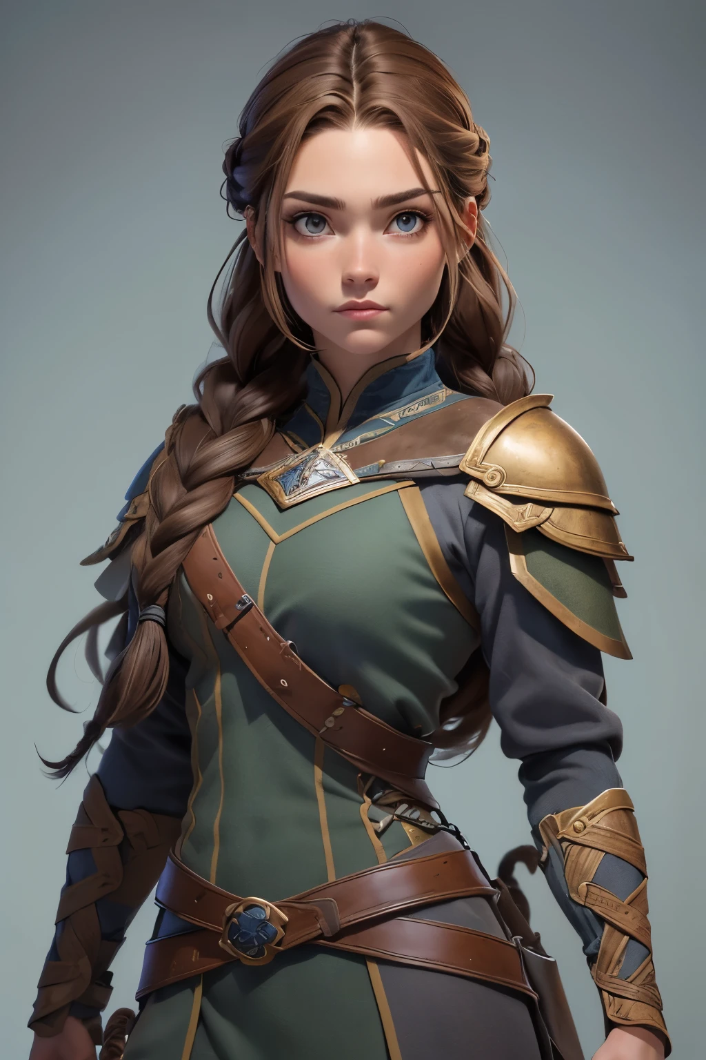 (Obra maestra, La mejor calidad) (young warrior woman of nordic descent), (ojos verdes), (Muscular), (falda de piel), (brown hair color),(loose hair with small braids on the scalp), (top con correa de cuero) plumas, capa sobre el hombro, bufas, (azul, gray and brown suit).