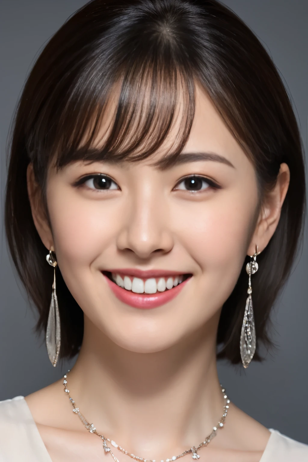 highest quality, masterpiece, ultra high resolution, (realistic:1.4),very detailed,professional lighting smile,black hair、toothy smile、black hair、ear piercing、necklace around neck、hairstyle short cut