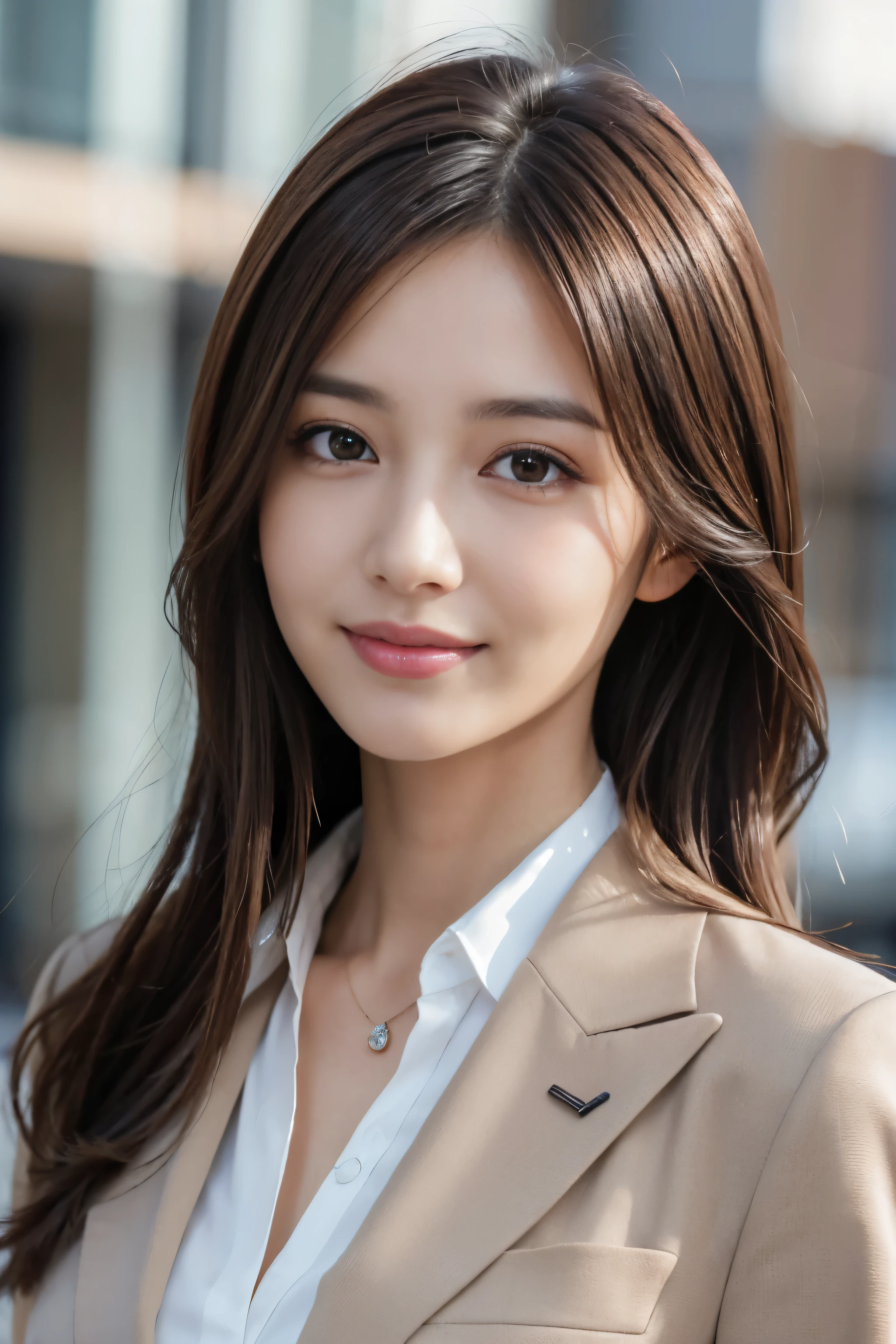 on the table, best quality, lifelike, Super detailed, fine details, High resolution, 8k wallpaper, 1 beautiful woman,, light brown messy hair, wearing a suit, sharp focus, Perfect dynamic composition, Beautiful and delicate eyes, fine hair, 细致lifelike皮肤纹理, Smile, closeup portrait, Model body shape