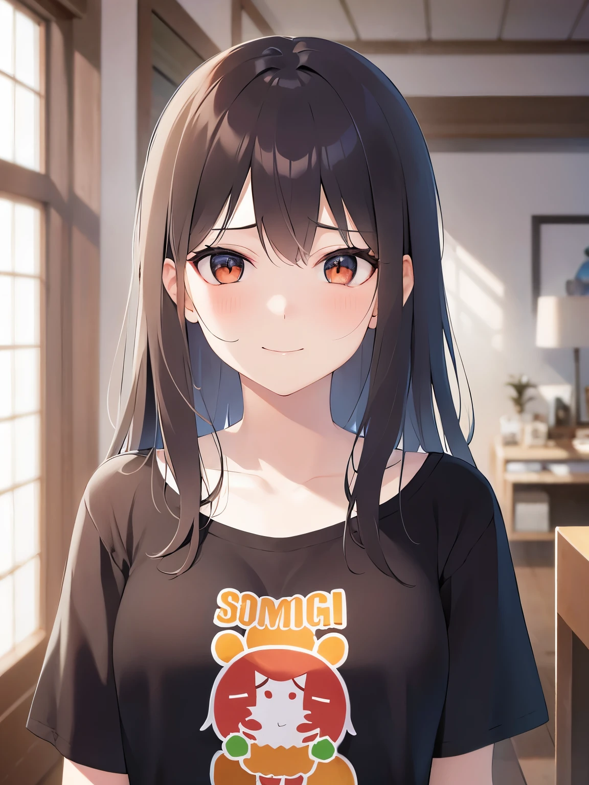 Upper Body, Realistic, real person, (pale skin: 1.2), RAW shiny skin, japanese idol、shiny hair、(25 year old woman with medium hair with bangs) and (wavy hair) and (brown hair) and (orange eyes) , (black:1.1) and (plain t-shirt) and (oversize) 、(embarrassed:1.2), smile, The background is the living room、Alone、Are standing