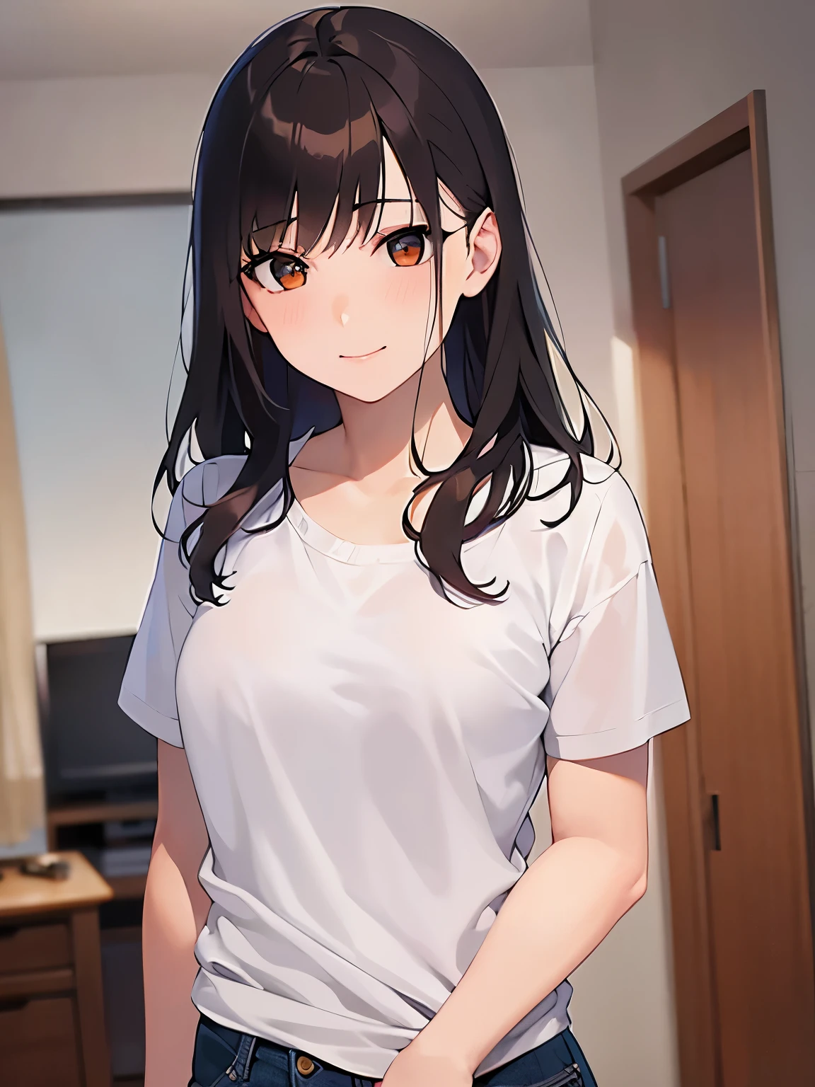 Anime girl with long black hair and white shirt standing in a room ...