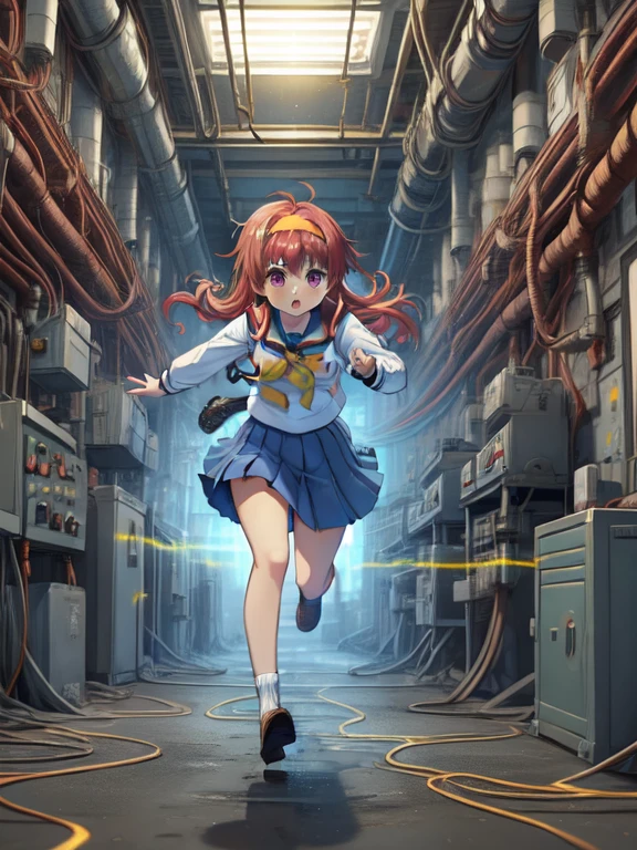 fujisaki shiori, yellow hairband, , serafuku, long sleeves, pleated skirt, power lines,running,(((electricity))),machinery,cable,monitor,industrial pipe,computer,electric plug,air conditioner,explosion,hallway,full body,