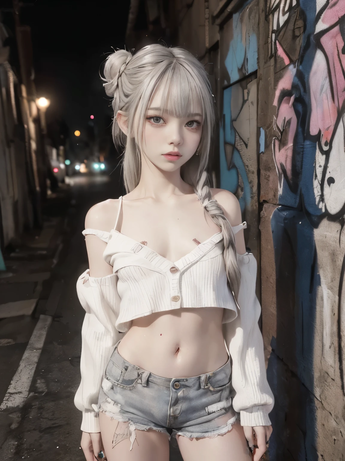 Raw photo, 8K, (highest quality), realistic, (real picture, intricate details), (natural skin texture, fine skin, hyper realism, sharpness), (Japanese teenage girl standing in a dirty back alley at night, graffitied wall:1.3, sexy pose), ((white knit sweater, off shoulder, black shorts)), (((flat chest:1.5))), (pale skin:1.2), ((gray hair, braid hair, dull bangs)), (fascinating face, provocative look, parted lips:1.3), thigh, graffiti:1.5, trash can, at night, spot lighting:1.3, full body shot