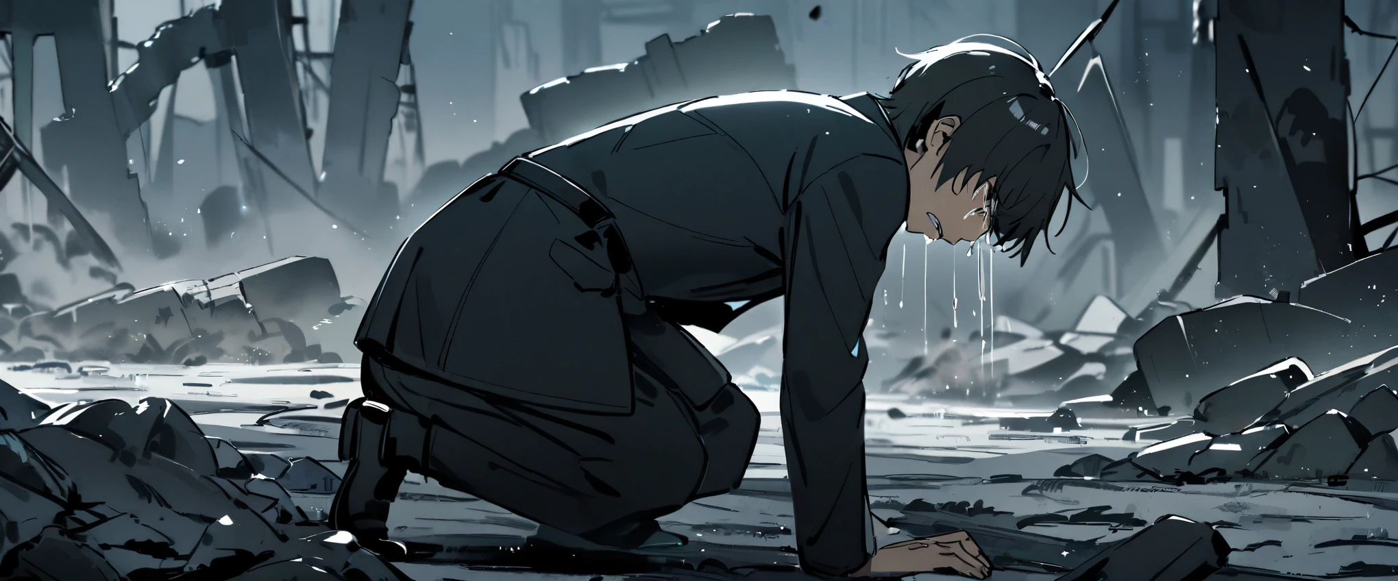 War Field，(((a boy，Crouch on the ground and cry)))，Next to it are ruins,sad atmosphere