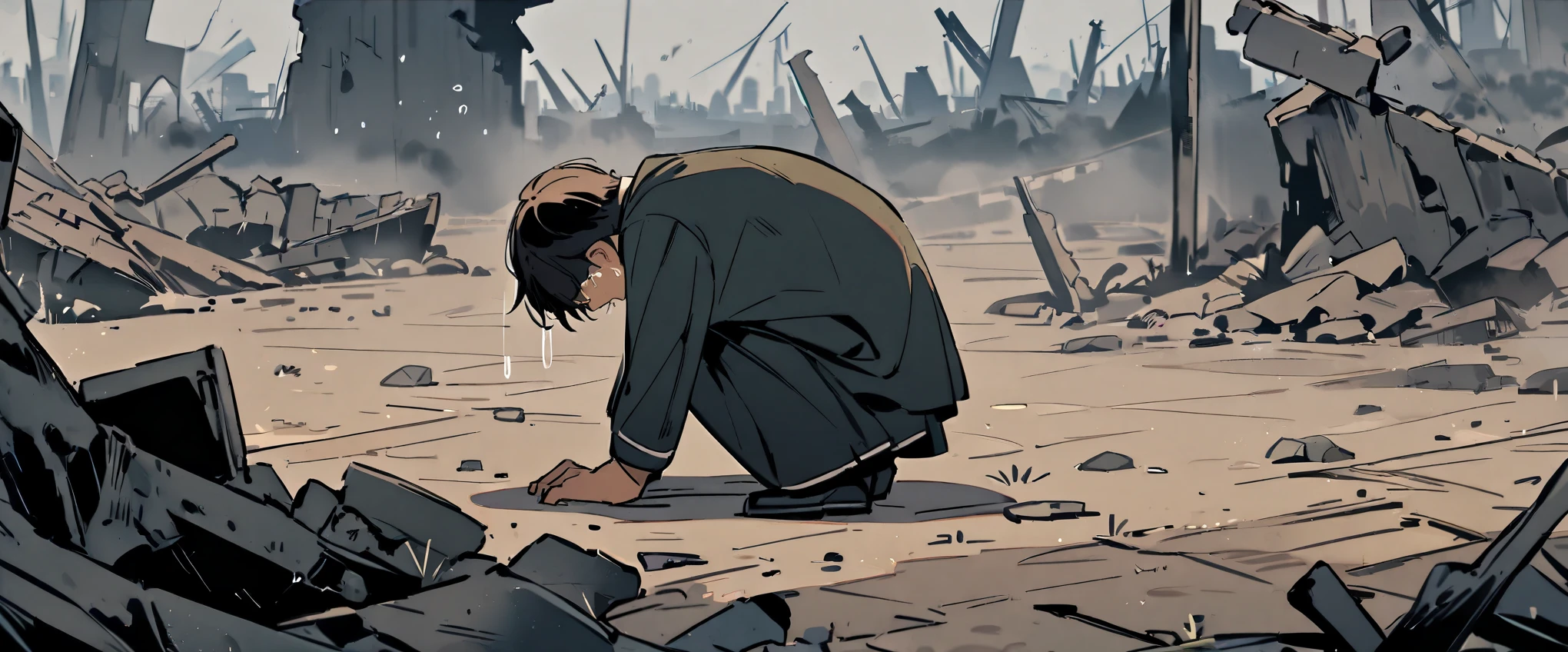 War Field，(((a boy，Crouch on the ground and cry)))，Next to it are ruins,sad atmosphere