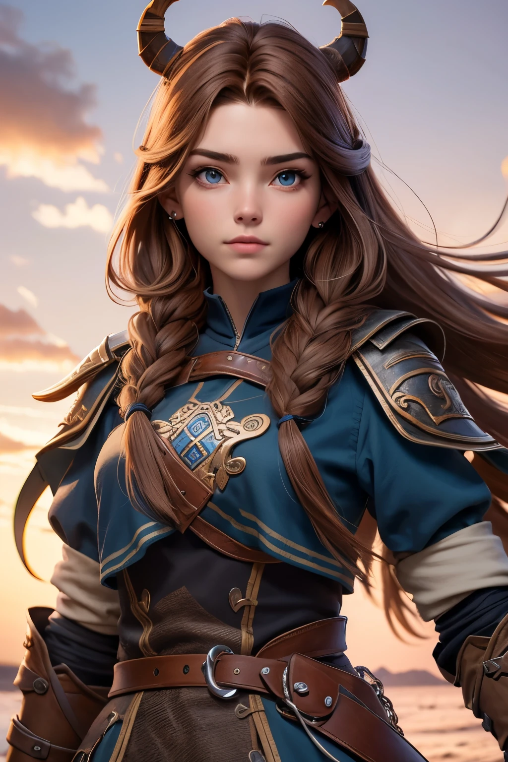 (Obra maestra, La mejor calidad) young 18 year old woman of Nordic descent, vestuario de guerrera, Cabello largo, ojos azules, cabello rubio, brown hair, tenencia, boca cerrada, Parte superior del cuerpo, arma, trenza, al aire libre, tenencia arma, armadura vikinga, ropa vikinga, realista.