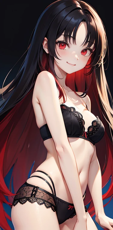 (8K、highest quality、masterpiece:1.2)、anime coloring、super resolution、Realistic、(1girl)  、(black hair to red hair gradient hair,long straight hair:1.5)、(contrapposto),(red eye,glowing eyes:1.3),(forehead:1.2),(face focus,upper body:1.5),(strapless black lace bra:1.5,black panties :1.3)、(shy smile:1.3),(cute face)、,(flat chest:1.2),gradient background、(slender:1.3)、