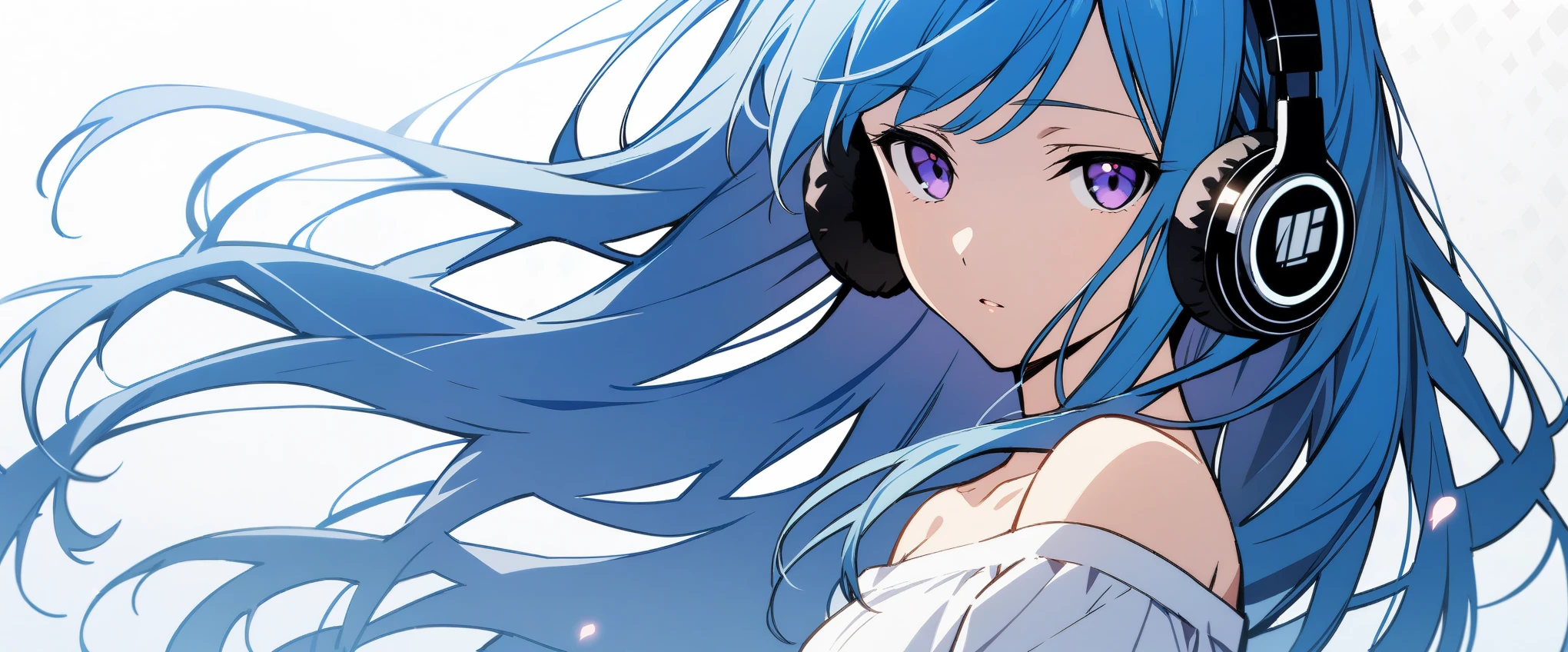 A portrait of a young woman with long blue hair and purple eyes. She is wearing a white off-the-shoulder dress and headphones. Her hair is floating around her and she is looking at the viewer with half-closed eyes. The background is simple and white. The style is anime. 1girl, solo, headphones, long hair, blue eyes, white background, simple background, blue hair, parted lips, upper body, floating hair, collarbone, shirt, half-closed eyes, off shoulder, masterpiece, high quality, from side, wallpaper, left, flat