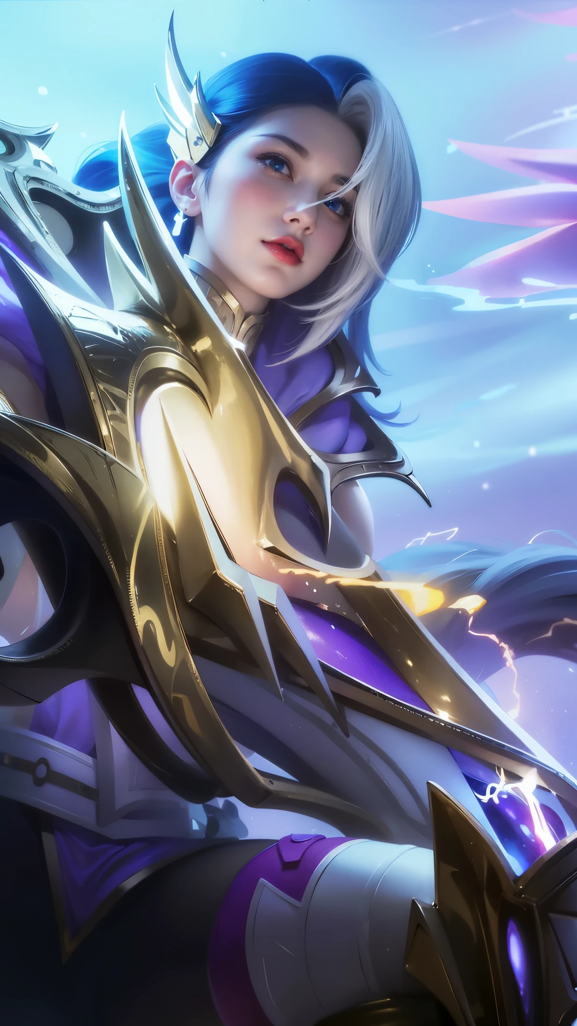 a close up of a woman with a gun in her hand, blue long hair, red lips glossy, 8k, ultra hd, ultra detailed texture, hyper realistic, masterpiece, detailed texture, detailed face, detailed skin, detailed lighting, (photorealistic:1.5), best quality, beautiful lighting, cinematic lighting, professional lighting, ultra highres, realistic, detailed hair, real hair, high quality, (realskin:1.5), extremely detailed, finely detail, ultra-detailed, blue eyes.