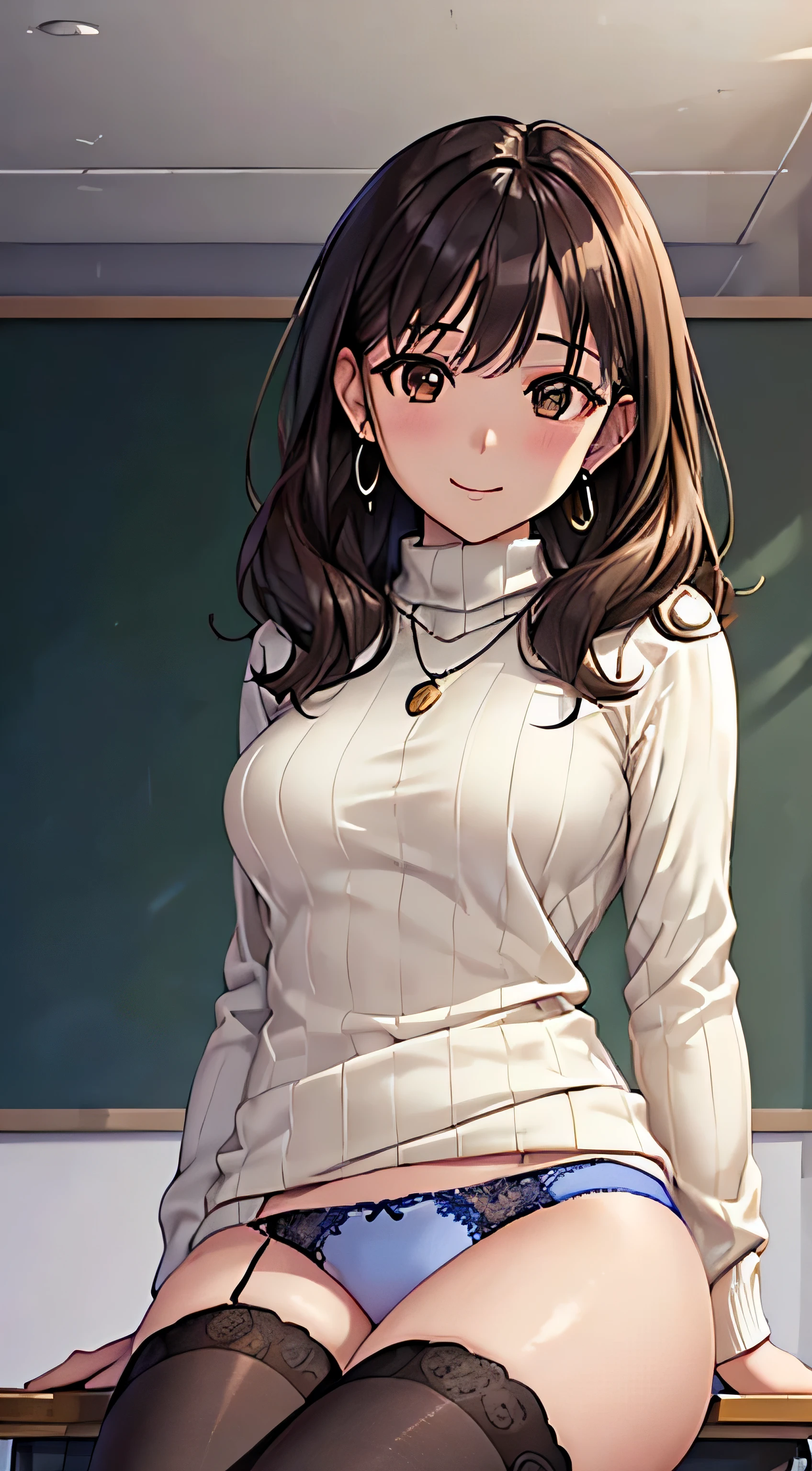 (table top, highest quality, High resolution, , perfect pixel, 4k,), 1 girl, single, alone, Beautiful woman、I could see the whole body、 ((wavy mid-length hair, bangs, brown hair)), ((brown eyes, beautiful eyelashes, realistic eyes)), ((detailed face, blush:1.2)), ((smooth texture:0.75, realistic texture:0.65, realistic:1.1, Anime CG style)), medium breasts, dynamic angle, perfect body, ((, female teacher, , earrings、necklace、turtleneck sweater、、black knee high stockings、open both legs wide、、shy smile、sit at a desk in the classroom、emphasize the chest)), Upper grade、、、evening、、(You can see the blue and white lace panties、、(、)、angle from below)、