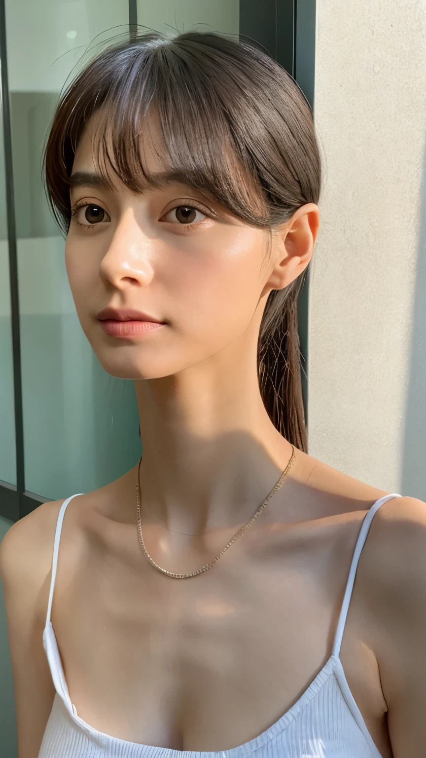 Look into the eyes,　Eye contact,　Front of face,　face,　Cross-legged,　indoor,　Brown Hair,　bangs,　clavicle,　shoulder,　Cross-legged,　chest,　Earrings,　Skin Moisture,　The gaze looking down on me,　Look at me,　Look at me,　Look at me,　Look at me,　Look at me,　Look at me,　Private room,　Tank top,　(Oily skin:1.6)
