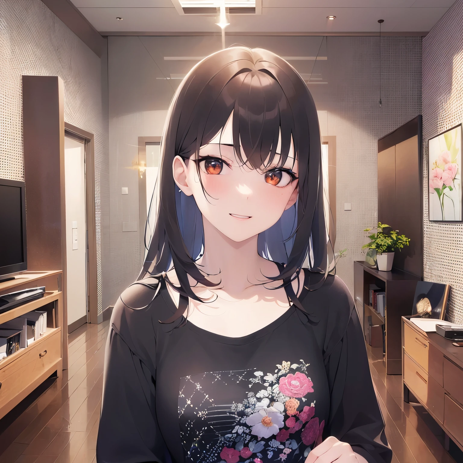 Upper Body, Realistic, real person, (pale skin: 1.2), RAW shiny skin, japanese idol、shiny hair、(25 year old woman with medium hair with bangs) and (wavy hair) and (brown hair) and (orange eyes) , (black:1.1) and (plain t-shirt) and (oversize) 、(embarrassed:1.2), smile, The background is the living room、Alone、Are standing