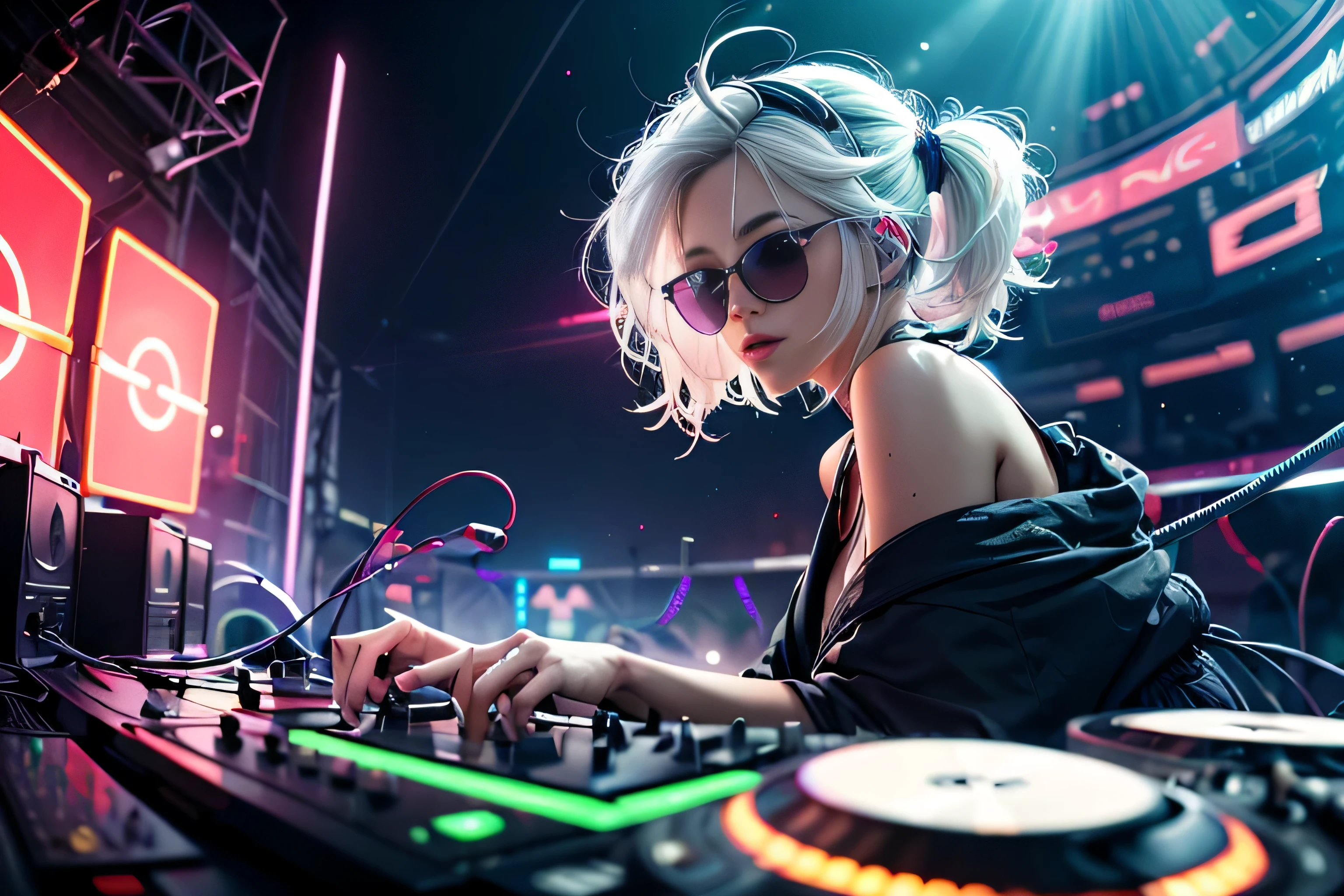 (masterpiece:1.3),(best quality:1.2),8K,absurd,8K wallpapper unit, (very detailed:1.3), first-class, realist, blurred background, blurry close-up, (1 girl:1.2),she is wearing a japanese kimono, cleavage、exposed shoulders、it's your youth々emphasizes body curves, Please look sexy, (earphone:1.1),(neon light:1.1),Mechanical cap, (mechanical wing:1.1),frown,(dynamic Pose:1.1),(floating hair:1.2),(disc jockey:1.2),(Psychoderic:1.2),dynamic Pose,(electric wire:1.1), (light:1.2),open your eyes, next door, Smilinusic:1.2), (1 white haired man:1.2), (The man is wearing futuristic sunglasses), with ink, cable, god lightning,(internal:1.2),From the side,(musical instrument:0.7),Desperate, warm, Energetic, terrifying, numbing, Stimulate,dynamic ,thrilling ,explosives, wake up, (get together:1.2),light, neon light, Fan, (electricity:1.2), (electronic music:1.1),(sound mixing:1.3),