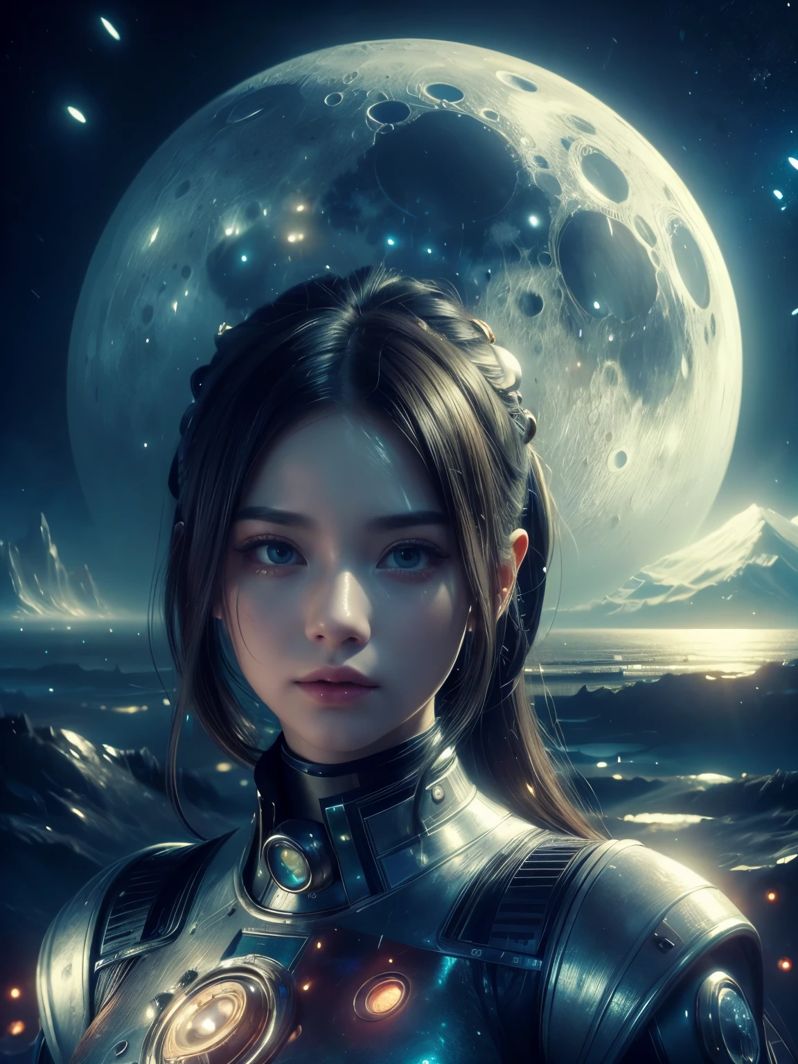 (high quality), (masterpiece), (detailed), 8K, Hyper-realistic portrayal of a futuristic (1girl1.2), Japanese character in a lunar-themed scene. Meticulous details capture the serene beauty of the moonlit landscape, creating a visually stunning composition. Trending on Artstation.