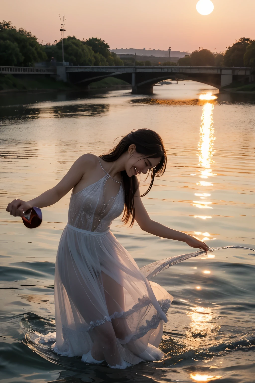 On the river reflected by the setting sun,sparkling、Splashing water,There are still figures laughing and playing around。