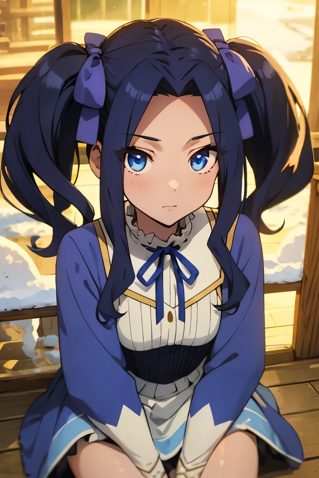 Melting,  masterpiece,detailed skin,detailed eyes,detailed face,shiny skin,anime style girl, 1 girl, blue eyes, eyes visible through hair, hair intake, bangs, purple hair, bangs, amount, very long hair, twin tails, parted bangs, hair ribbon, hair ribbon, dress, long sleeve, blue dress, neck ribbon, snow angel, ice, snowflake,  highest quality, High resolution.sitting,