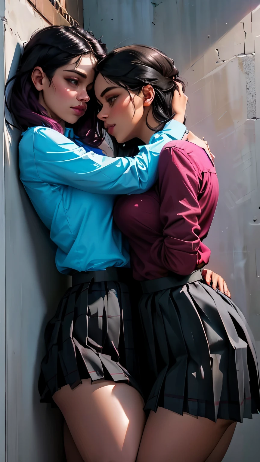 In an intimate and NSFW moment, the two eighteen-year-old girls found themselves pressed against each other, their bodies close enough to feel the heat radiating between them. One girl with waist long black hair was pinned against the wall, her arms raised above her head, surrendering to the other's touch. The other girl with short pink hair held her waist, her hand sneaking under the skirt, their gazes locked deeply into each other's eyes. With seductive expressions playing on their faces, they explored this forbidden moment, their hearts racing with desire. (Both girls wear pleated skirts:1.5)