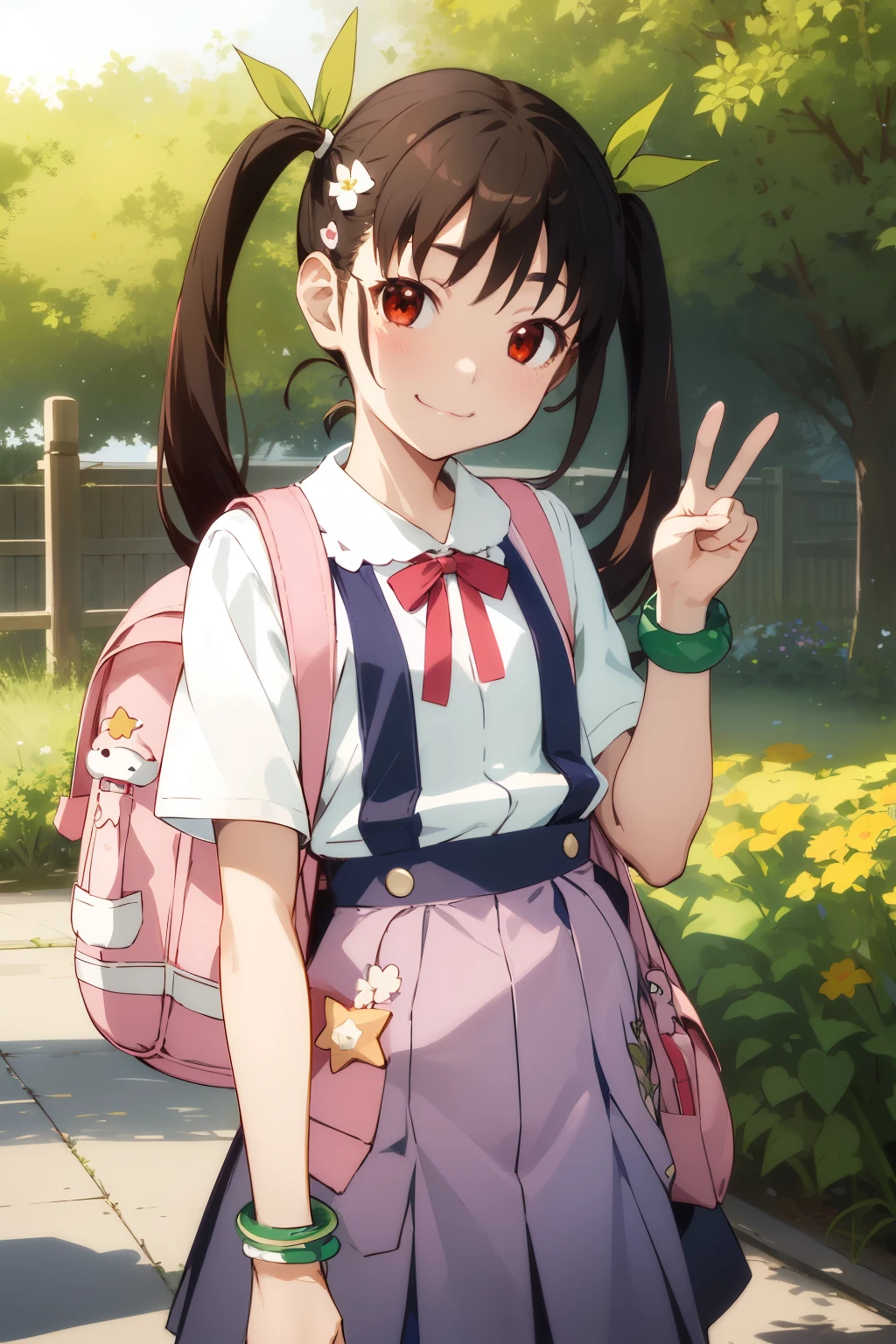 masterpiece, highest quality, High resolution, be familiar with,detailed skin,detailed eyes,detailed face,
hachikuji01, 1 girl, one person in, long hair, brown hair, red eyes, twin tails, hair ribbon, white hair band, looking at iniewer, smile, :3, skirt, shirt, ribbon, , white shirt, short sleeines, flat chest, blue skirt, suspenders, suspender skirt, hachikuji mayoi,  star (symbol), bracelet, green bracelet, bag, Backpack, pink Backpack,
in, peace sign,
garden, flowers, wood,