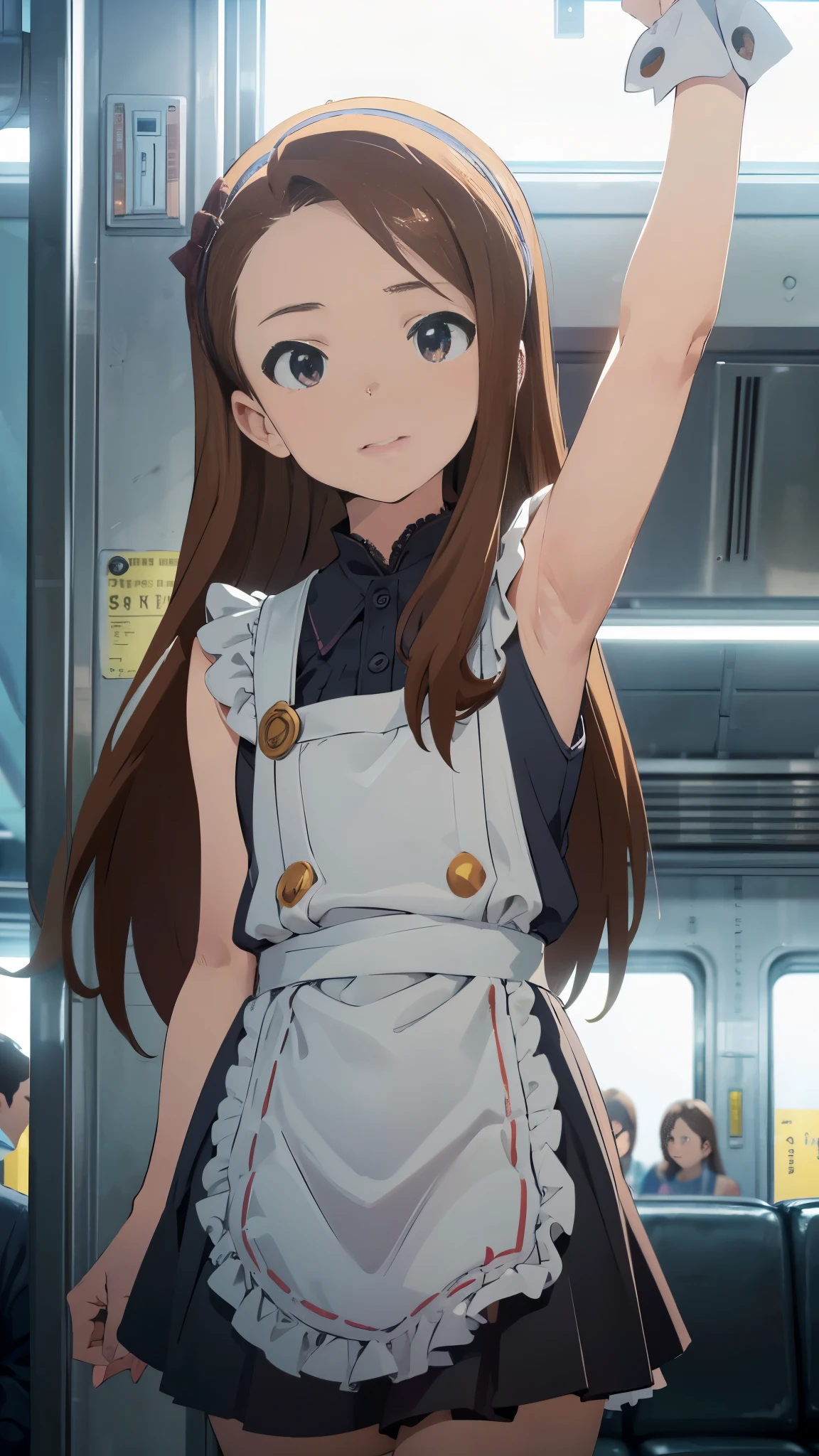 best picture quality, 8K, high quality, masterpiece:1.2), ((masterpiece)), (high detail, high quality, best picture quality), bokeh, DOF, Portrait, open stance, (cute illustration:1.2), extremely cute, cute round face, (minase iori), A sleeveless female maid holding on to the train's suspension leathers on a crowded subway train, her armpits fully visible, is being watched by middle-aged men who are unaware of her presence, embarrasse hard,