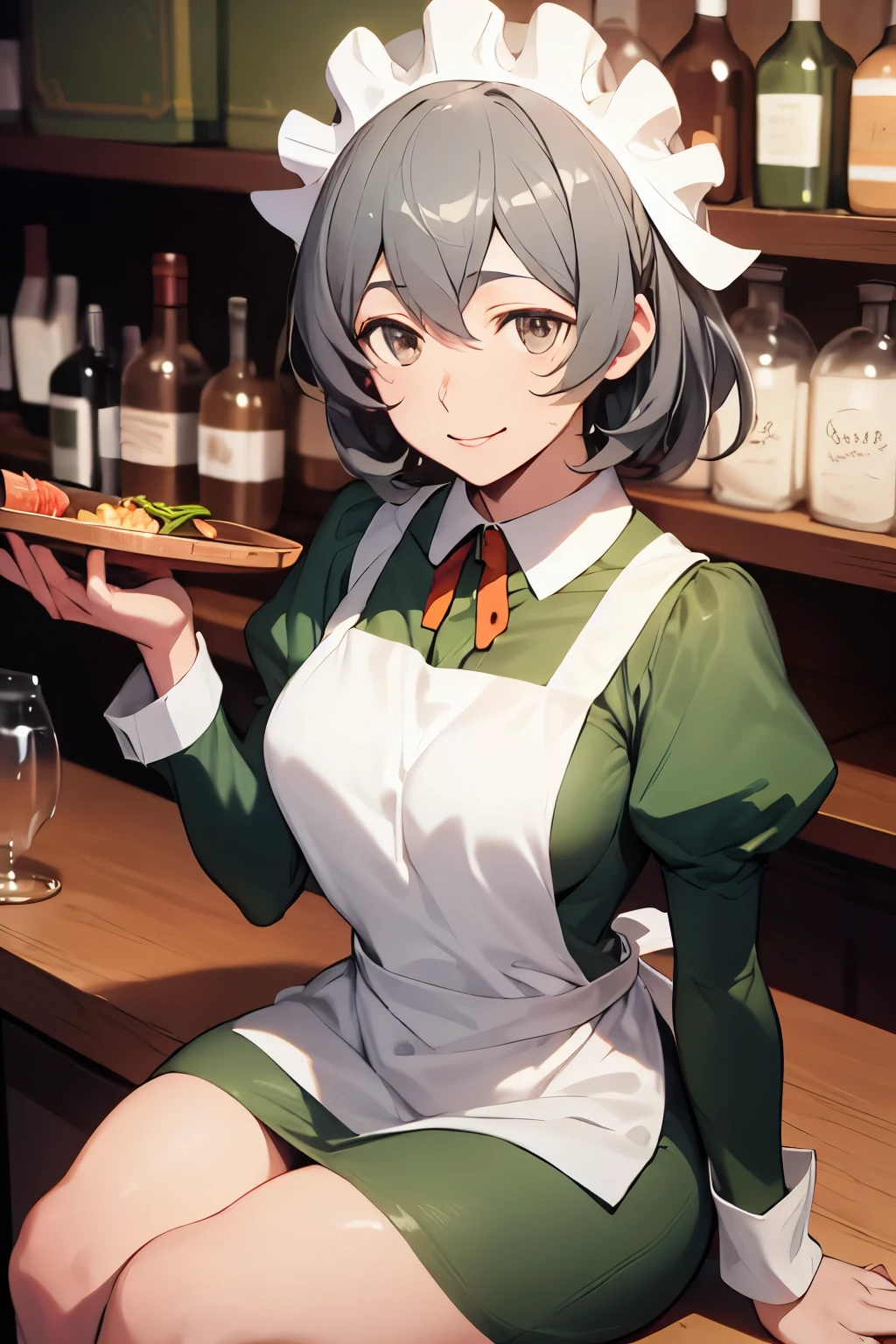 masterpiece,detailed face,detailed skin,detailed eyes,shiny skin,shiny lips,highest quality,.syr Flova, gray hair, syr,maid headdress, green dress, apron, smile, Happy, closed mouth, holding tray, bar, Shoulder bag,sitting,beautiful thighs,slender,