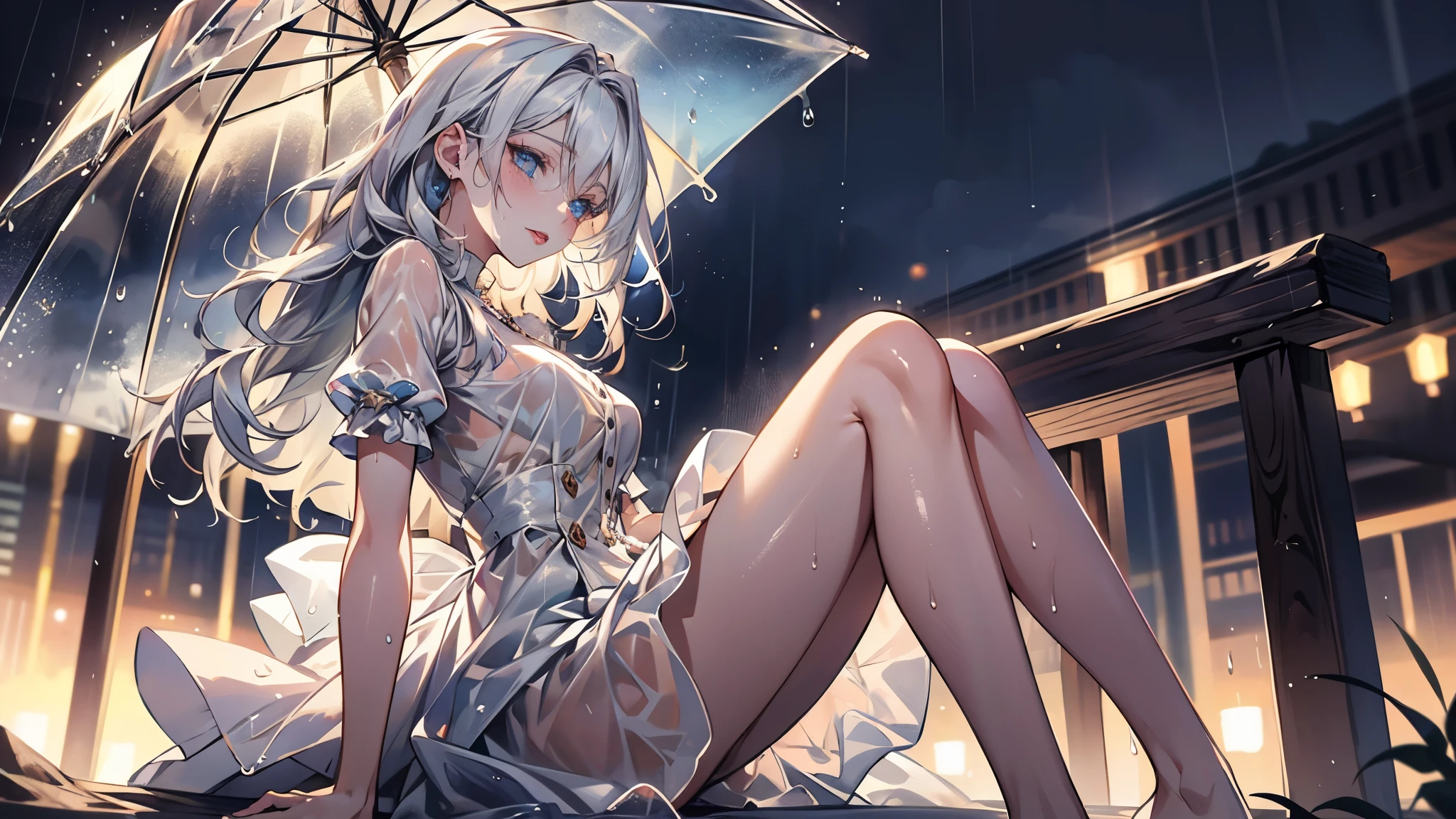 ((Highest quality)), ((masterpiece)), ((detailed)), (nsfw), 1ghost girl, 独奏, pale skin, silver hair, long hair, flat chest, white sundress, pantyless, pussy, spread legs, yellow eyes, (sad), sad smile, aroused, rain, (wet), night town, see through, (looking down), (from below), looking at viewer, cowboy shot