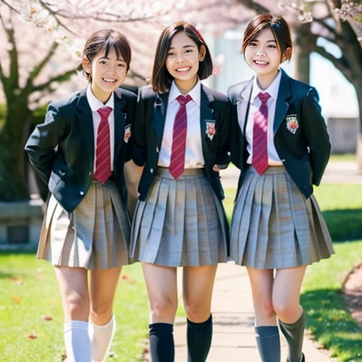 ((Middle school students)),((Japanese)),((uniform)),((Cherry tree)),((smiling)),((gray pleated skirt)),((red necktie)),((black straight bob hair)),((exposed thighs)),