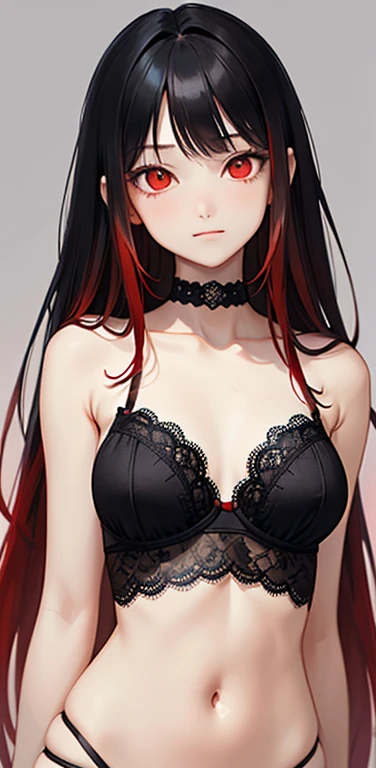 (8K、highest quality、masterpiece:1.2)、anime coloring、super resolution、Realistic、(1girl)  、(black hair to red hair gradient hair,long straight hair:1.5)、(contrapposto),(red eye,glowing eyes:1.3),(forehead:1.2),(face focus,upper body:1.5),(strapless black lace bra:1.5,black panties :1.3)、(smugness:1.3),(cute face)、,(flat chest:1.2),gradient background、(slender:1.3)、