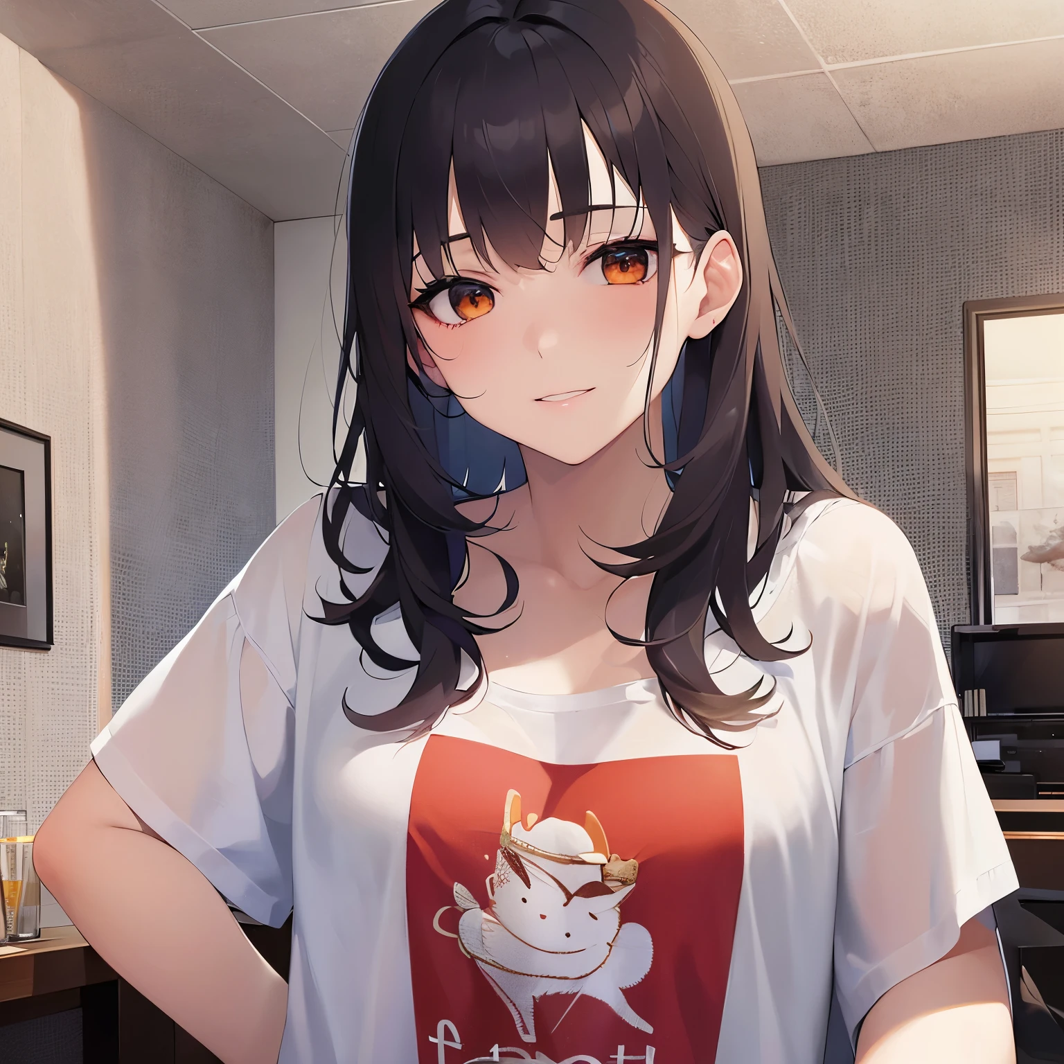 Put your hand on your cheek、Upper Body, Realistic, real person, (pale skin: 1.2), RAW shiny skin, japanese idol、shiny hair、(25 year old woman with medium hair with bangs) and (wavy hair) and (brown hair) and (orange eyes) , (black:1.1) and (plain t-shirt) and (oversize) 、(embarrassed:1.2), smile, The background is the living room、Alone、Are standing