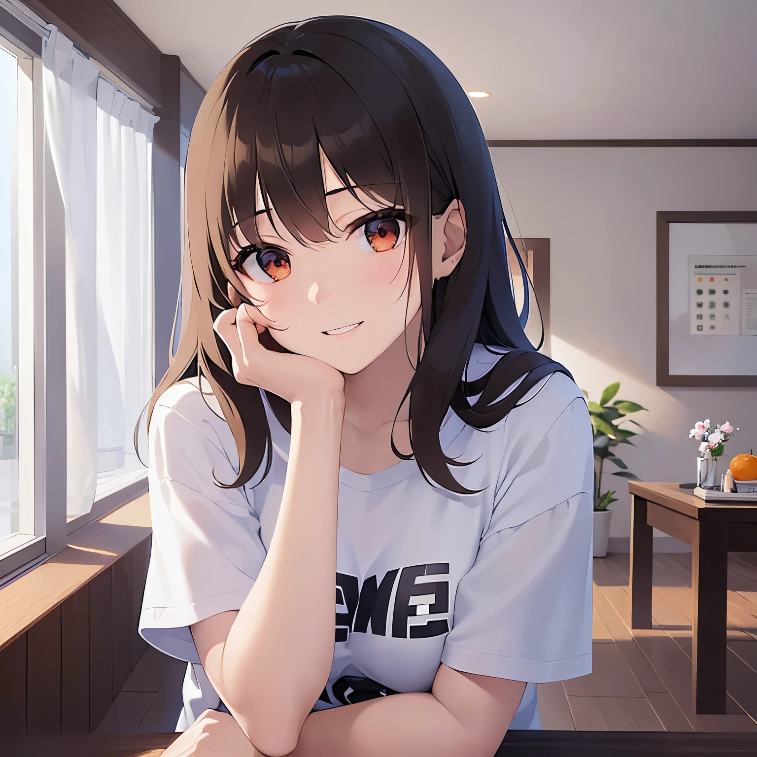 put your hand on your cheek、Upper Body, Realistic, real person, (pale skin: 1.2), RAW shiny skin, japanese idol、shiny hair、(25 year old woman with medium hair with bangs) and (wavy hair) and (brown hair) and (orange eyes) , (black:1.1) and (plain t-shirt) and (oversize) 、(embarrassed:1.2), smile, The background is the living room、Alone、Are standing
