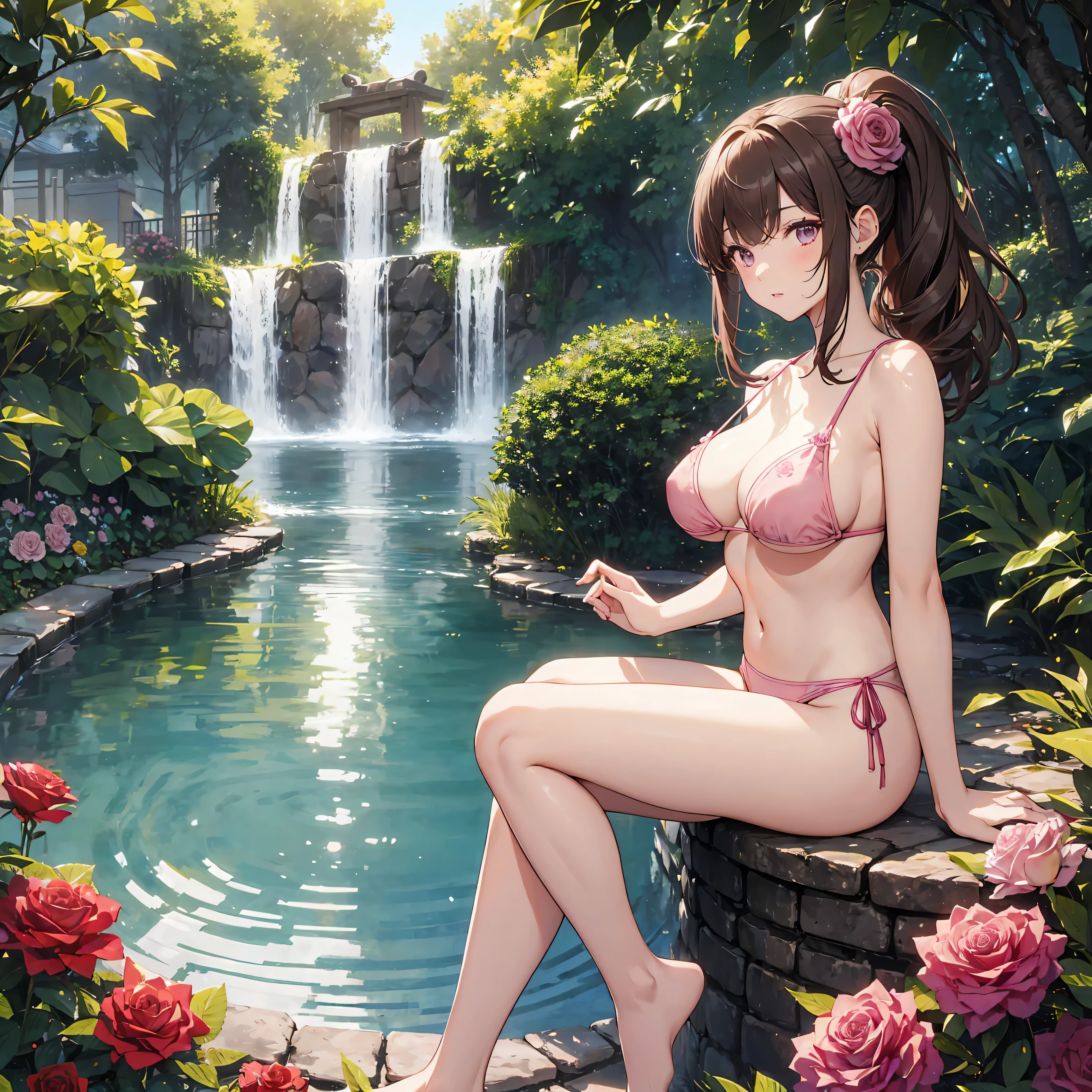 top-quality、Full limbs、complete fingers、Beautiful 25 year old woman、Slender beauty、poneyTail、Medium hair、Brown hair、Raw feet、bikini in pink color、Beautiful Large Breasts、flower garden、lawn、Rose Garden、The fountain