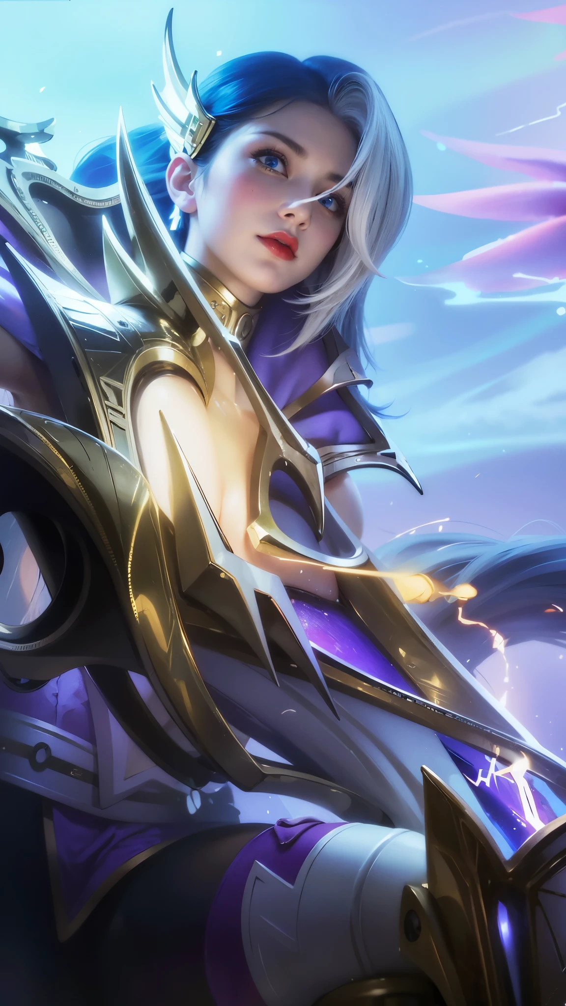 a close up of a woman with a gun in her hand, blue long hair, red lips glossy, 8k, ultra hd, ultra detailed texture, hyper realistic, masterpiece, detailed texture, detailed face, detailed skin, detailed lighting, (photorealistic:1.5), best quality, beautiful lighting, cinematic lighting, professional lighting, ultra highres, realistic, detailed hair, real hair, high quality, (realskin:1.5), extremely detailed, finely detail, ultra-detailed, blue eyes.