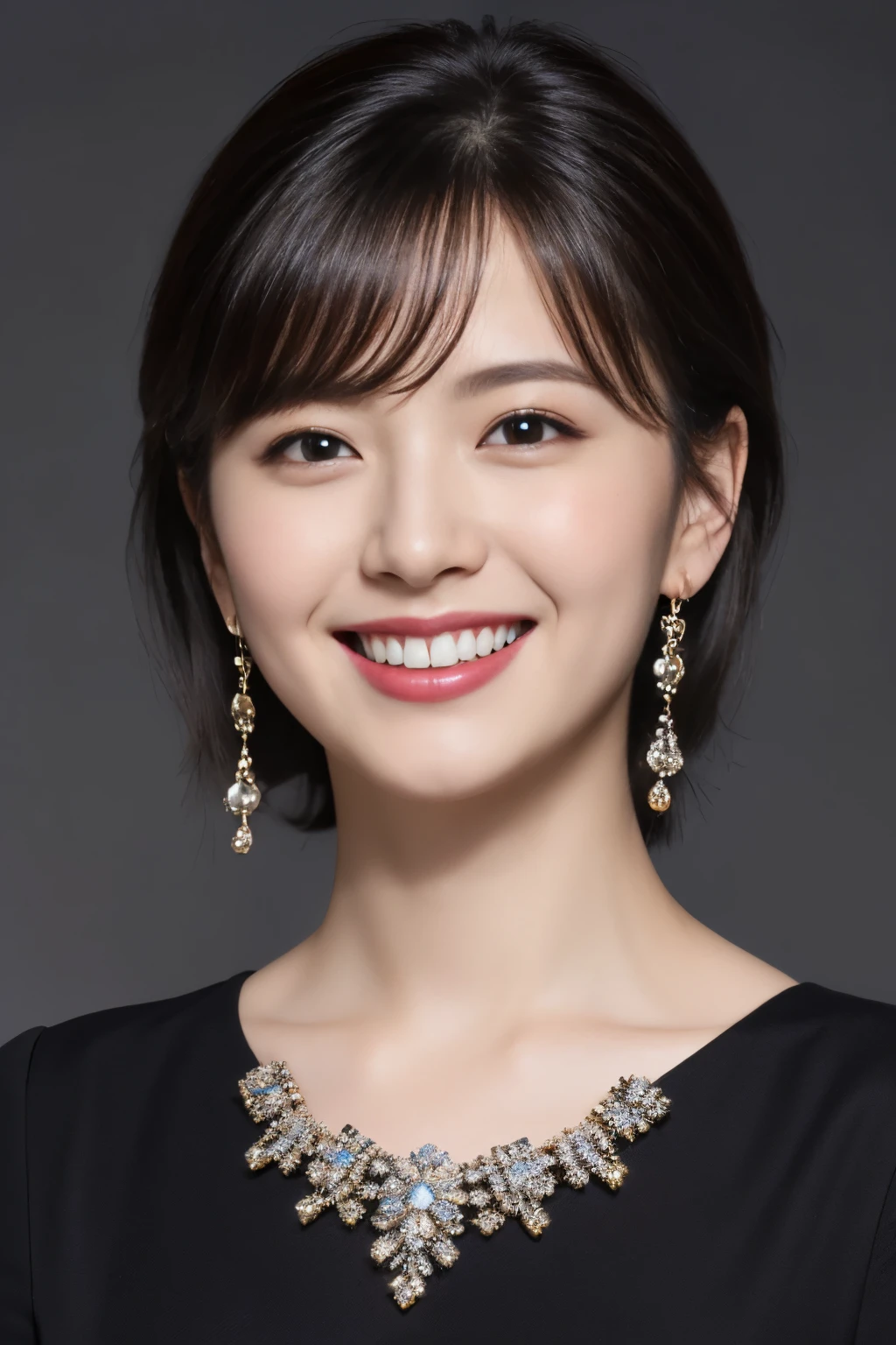 highest quality, masterpiece, ultra high resolution, (realistic:1.4),very detailed,professional lighting smile,black hair、toothy smile、black hair、ear piercing、necklace around neck、hairstyle short cut、dark eyeliner