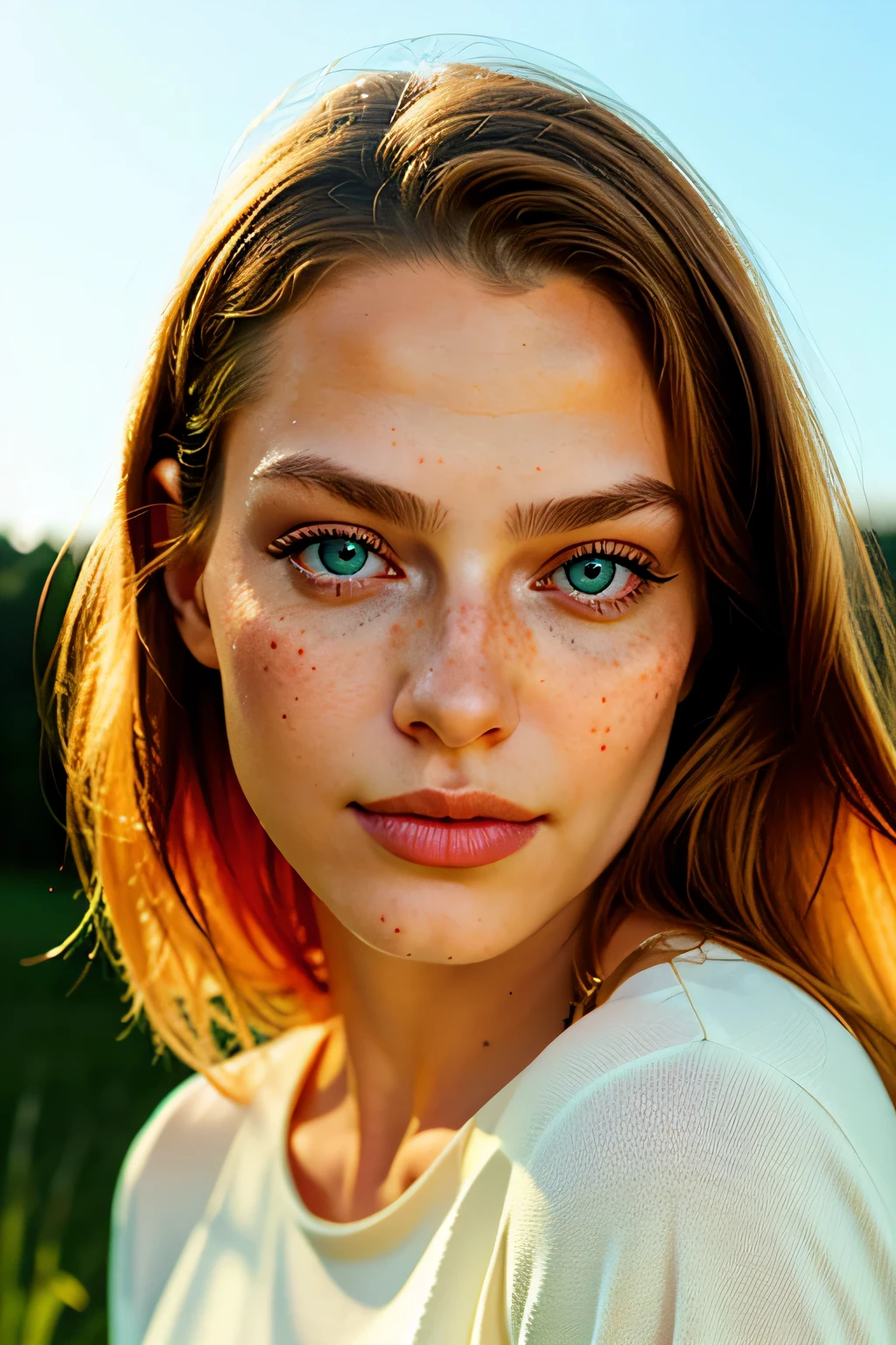 (Best quality, Ultradetailliert, Goldener Schnitt, Meisterwerk:1.2), Theaterbeleuchtung:0.7, Foto einer Frau, (close up, frontal view) auf ihre seltenes Gesicht, (sehr detaillierte Haut), rotes Haar, Spott, Hauttextur, Blasse Haut, gently shiny skin, (thin, big size:1.2), [:(Scharfer Fokus auf seltenes Gesicht, perfekte, Green eyes:1.2):0.2], Fotorealistisch, Filmkorn, green eyes, soft, natural freckles, Sommerdunst, muted colors, muted warm colors, volumetrische Staubwolken, Key light, Hintergrundbeleuchtung, soft natural light, Photography Film Grain ISO 400 30mm Lens RAW f1.8 Blende, sehr detailliert (analoge Fotografie:1), Farben HDR 