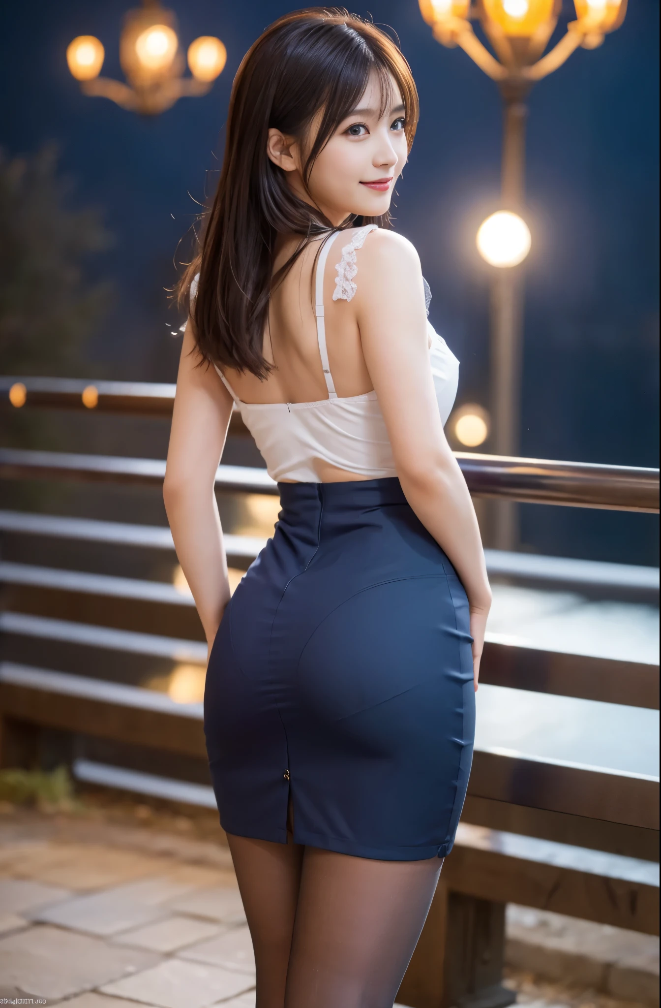 (8K, highest quality, Raw photo、masterpiece: 1.2), Super detailed, highest quality, ultra high resolution, professional lighting, photon mapping, radio city, Physically based rendering, cinematic lighting, Depth of written boundary, 1 female、24-years-old、 ((top of the mountain))(full body shot), ((OL uniform、skirt、pantyhose))((suit、skirt、pantyhose)) (looking at the viewer:1.3) very slim, medium breasts, (pull clothes, Dress Tags, Wind, Wind lift:1.12), ((from behind))(buckshot), cute, white skin、looking at the viewer, light smile,alone, enchanting smile, wide opening, professional lighting, Sony α7R4, Zecy 50mm F1.8, medium breasts,thin and beautiful eyes,